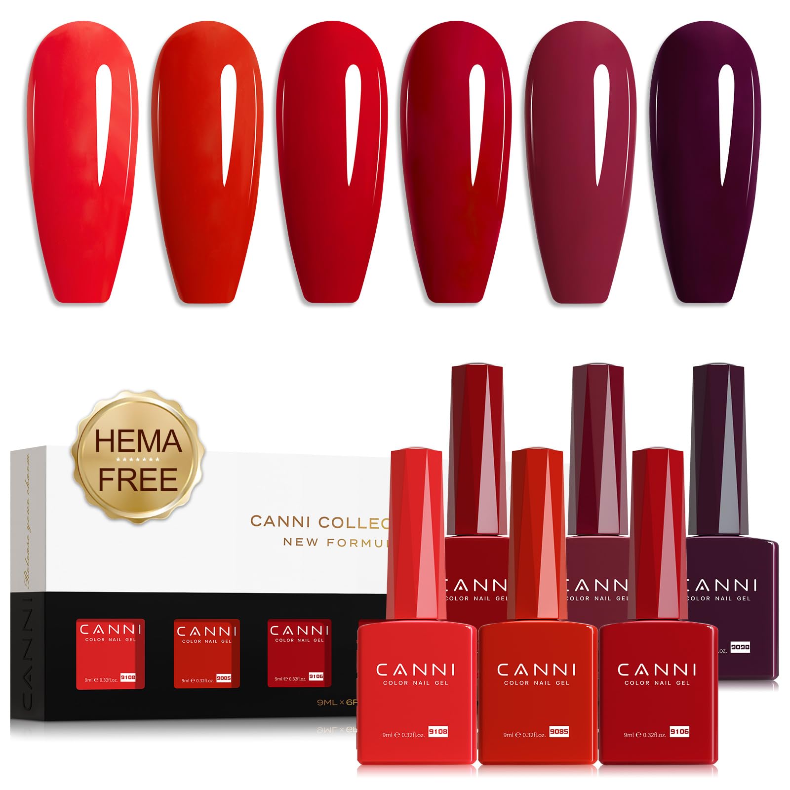 CANNI Red Gel Nail Polish Set – 6 Colors, 9ml | Soak-Off UV/LED Gel Kit