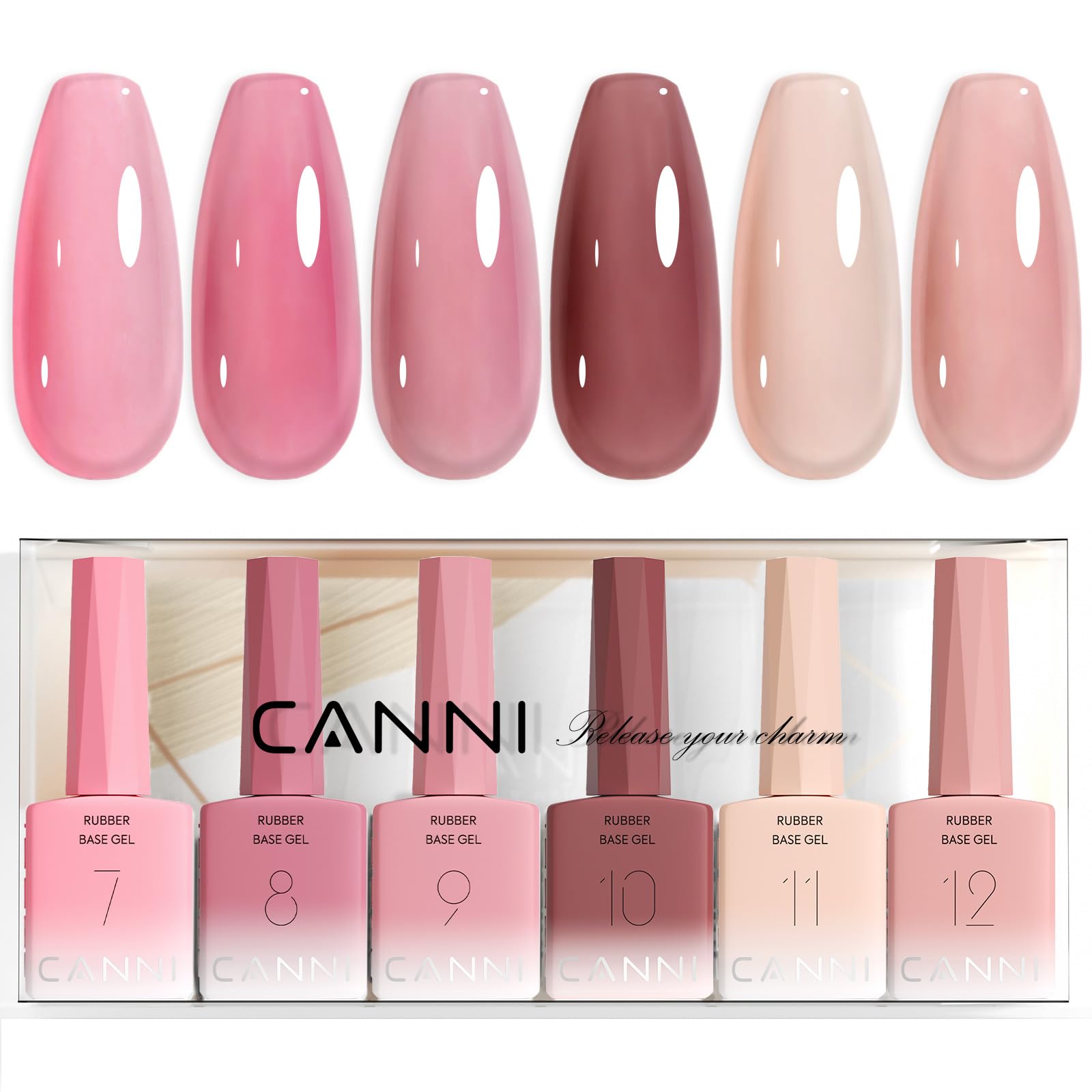CANNI Rubber Base Gel Nail Polish Set – 6x9ml Transparent Pink Rubber Base for Nails | Soak-Off LED Manicure Kit