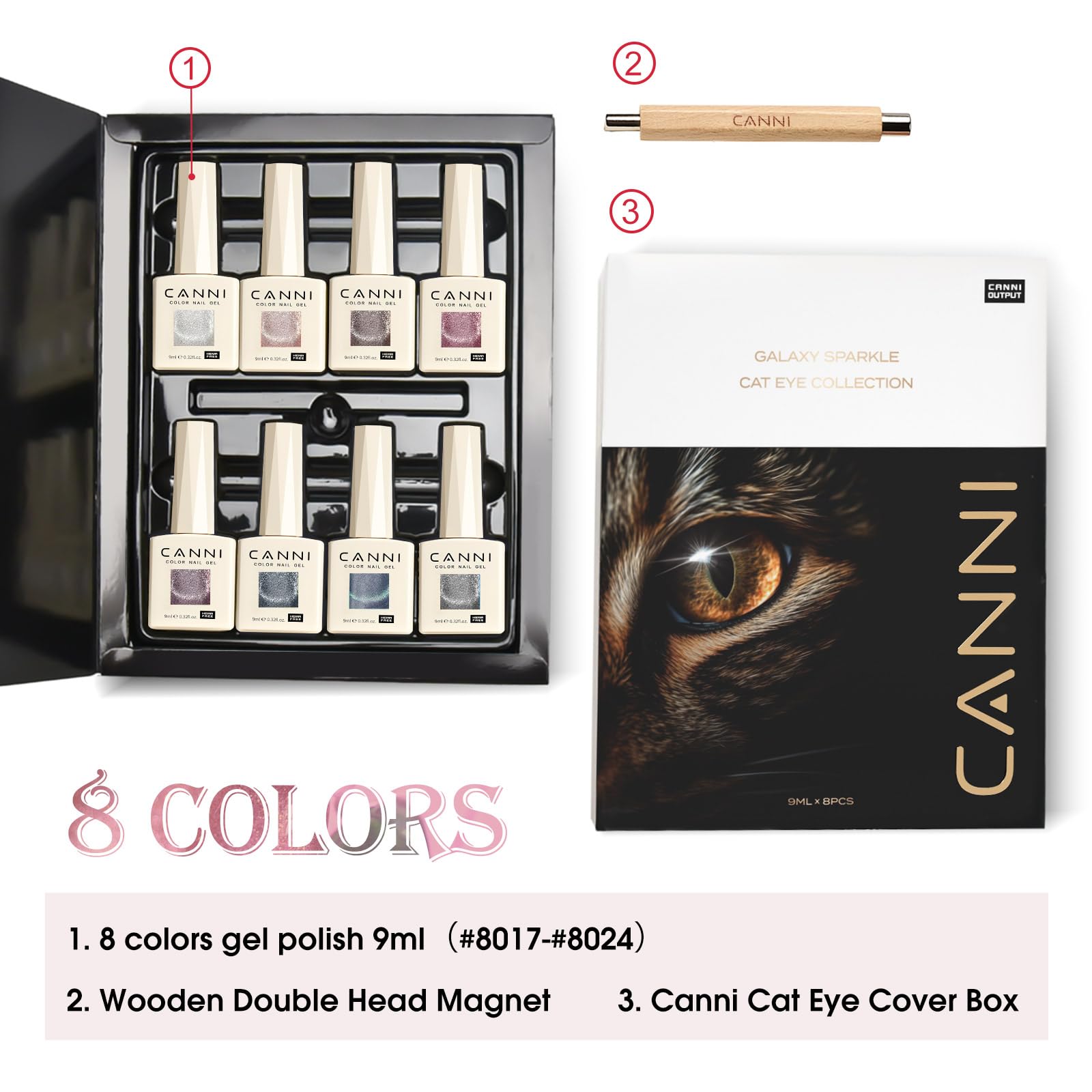 CANNI 8-Piece Cat Eye Gel Nail Polish Set – 9ml Magnetic Shimmer Colors