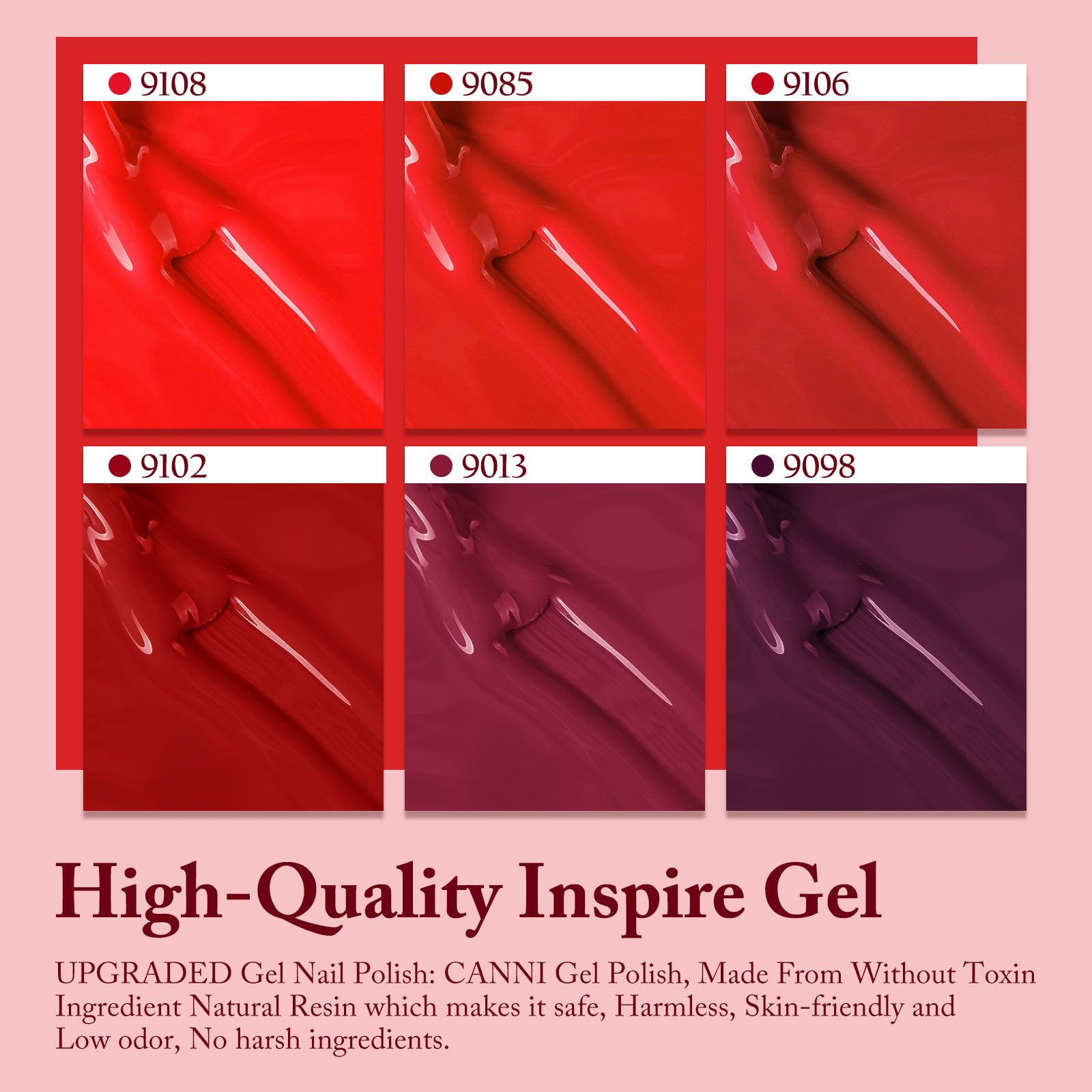 CANNI Red Gel Nail Polish Set – 6 Colors, 9ml | Soak-Off UV/LED Gel Kit
