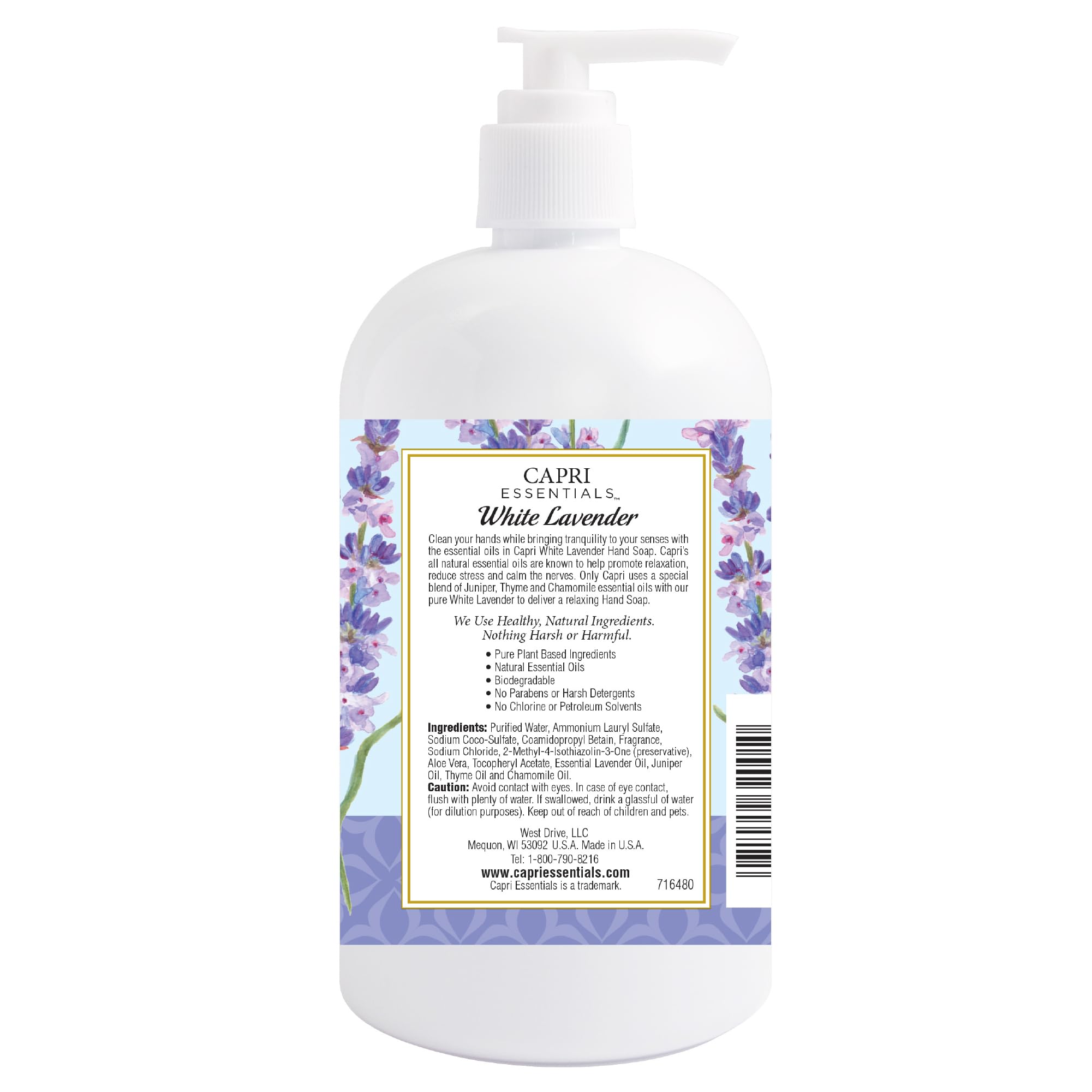 CAPRI ESSENTIALS Hand Soap Liquid – Natural Plant-Based Formula, White Lavender, 16 oz (6 Pack)