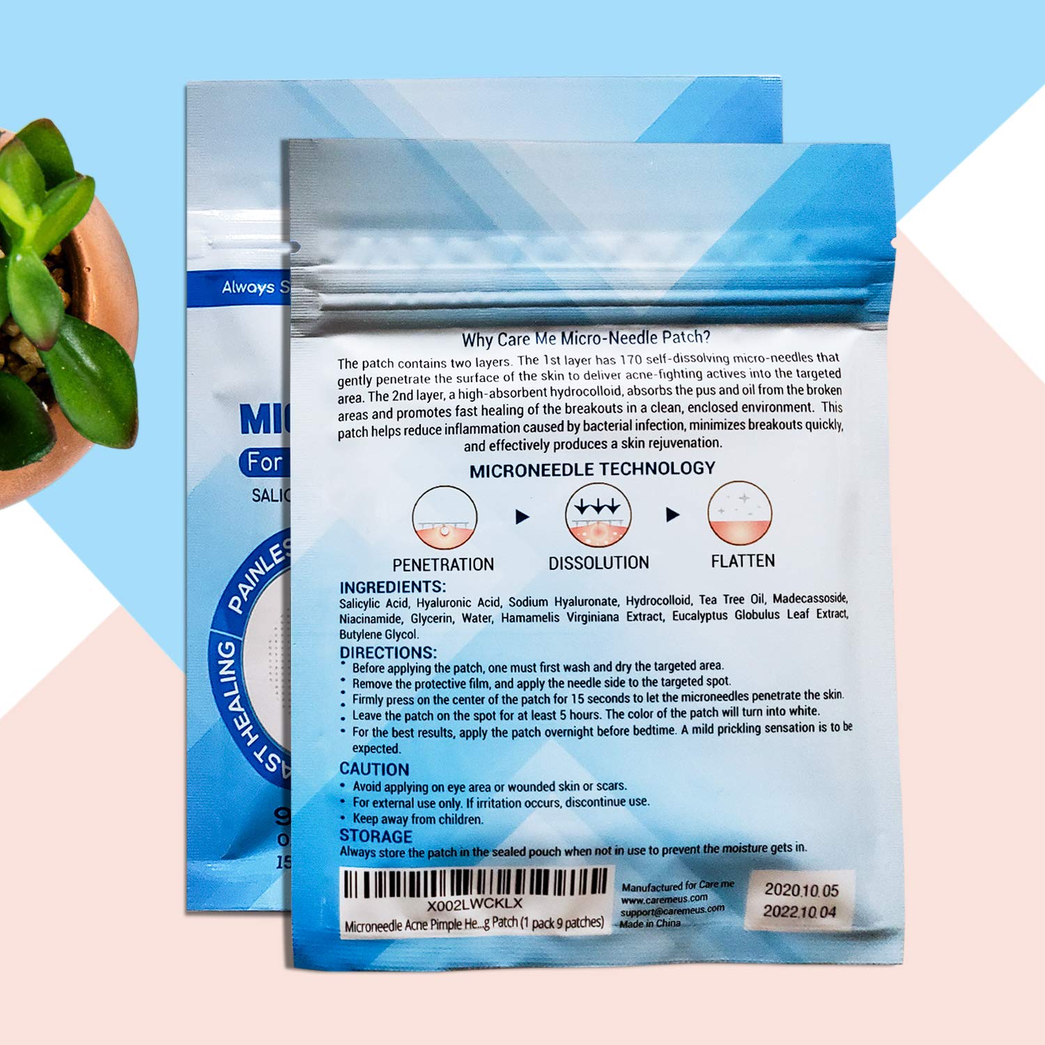 Care Me Microdart Acne Patch — 173 Micropoints, 2-Pack (18 Stickers) for Cystic & Hormonal Acne