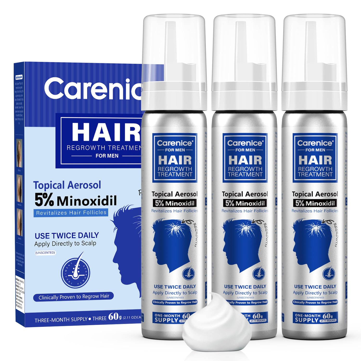 CARENICE 5% Minoxidil Foam for Men with Biotin – Unscented Hair & Beard Growth (6.33 oz)