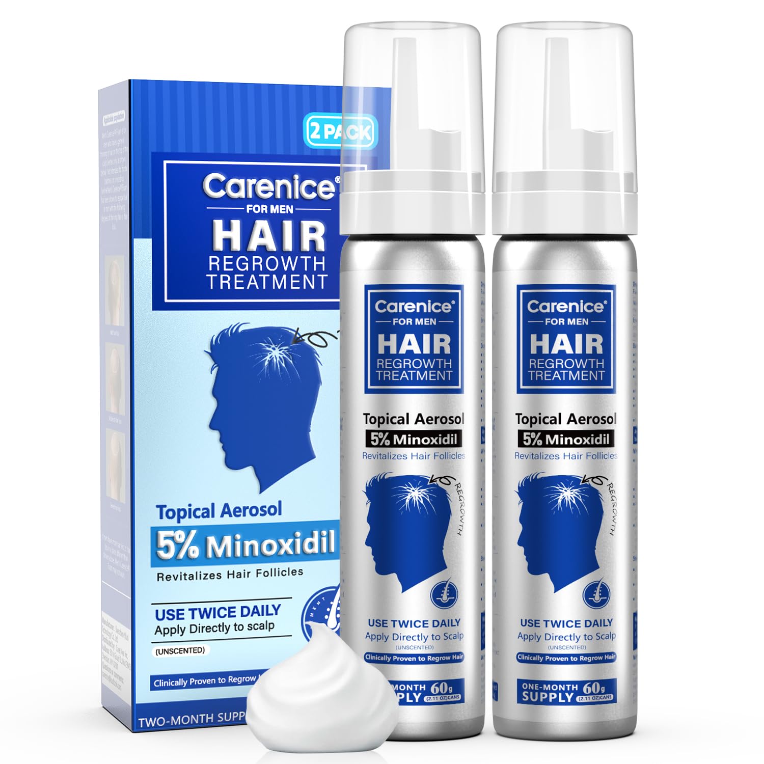 CARENICE 5% Minoxidil Foam for Men with Biotin – Unscented, 4.22 oz (2 Months Supply)