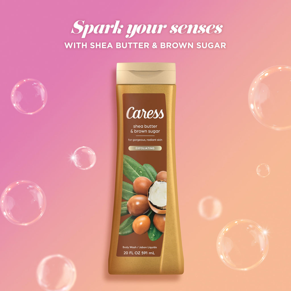 Caress Body Wash with Shea Butter & Brown Sugar — Moisturizing Exfoliating Soap, 2 x 20 oz
