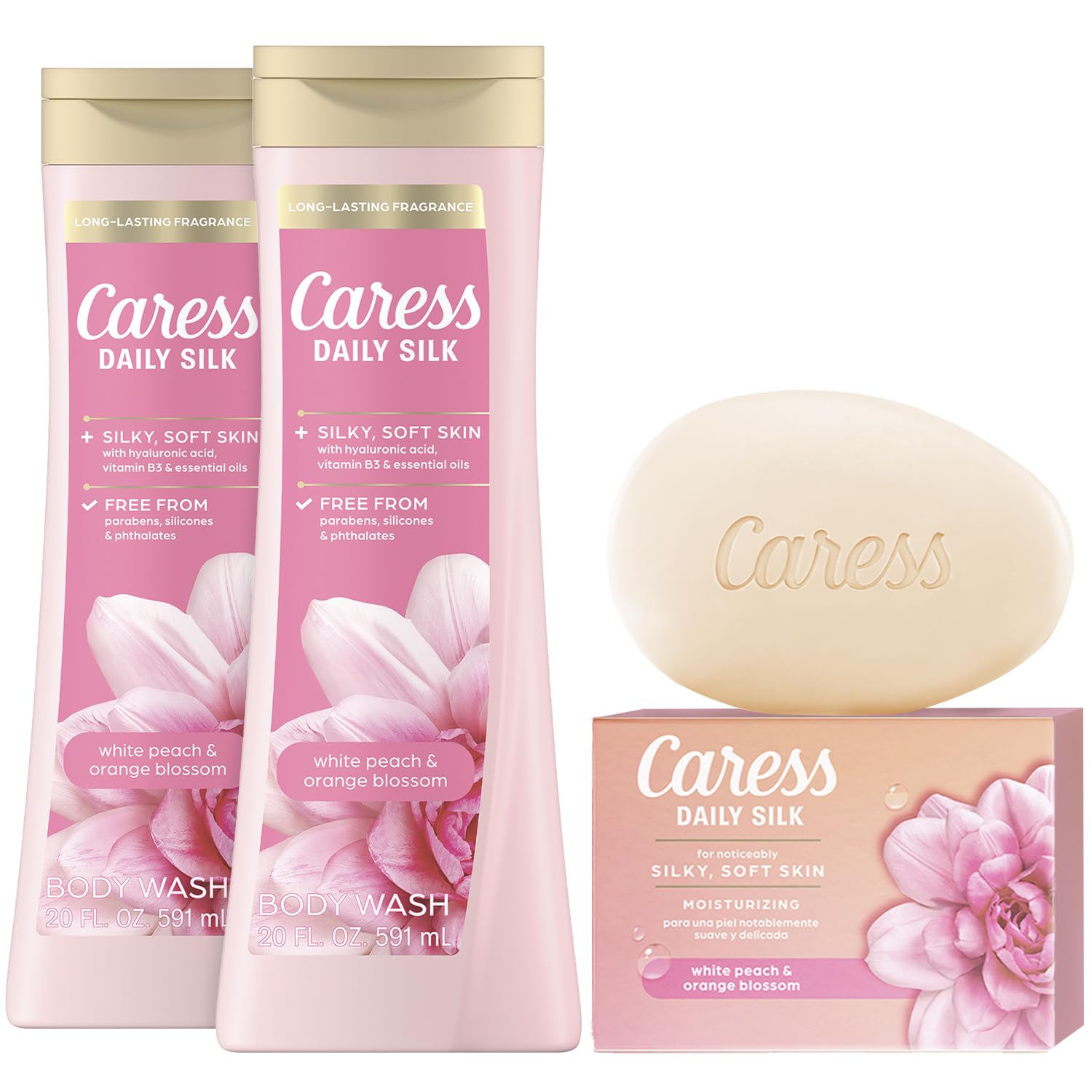 Caress Body Wash 2-Pack + Bar Soap – Daily Silk Bundle for Silky Soft Skin