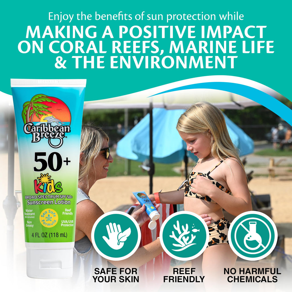 Caribbean Breeze Reef-Friendly Kids Sunscreen SPF 50 + Mango Lime Scent Body Lotion 4 oz (2 Pack)