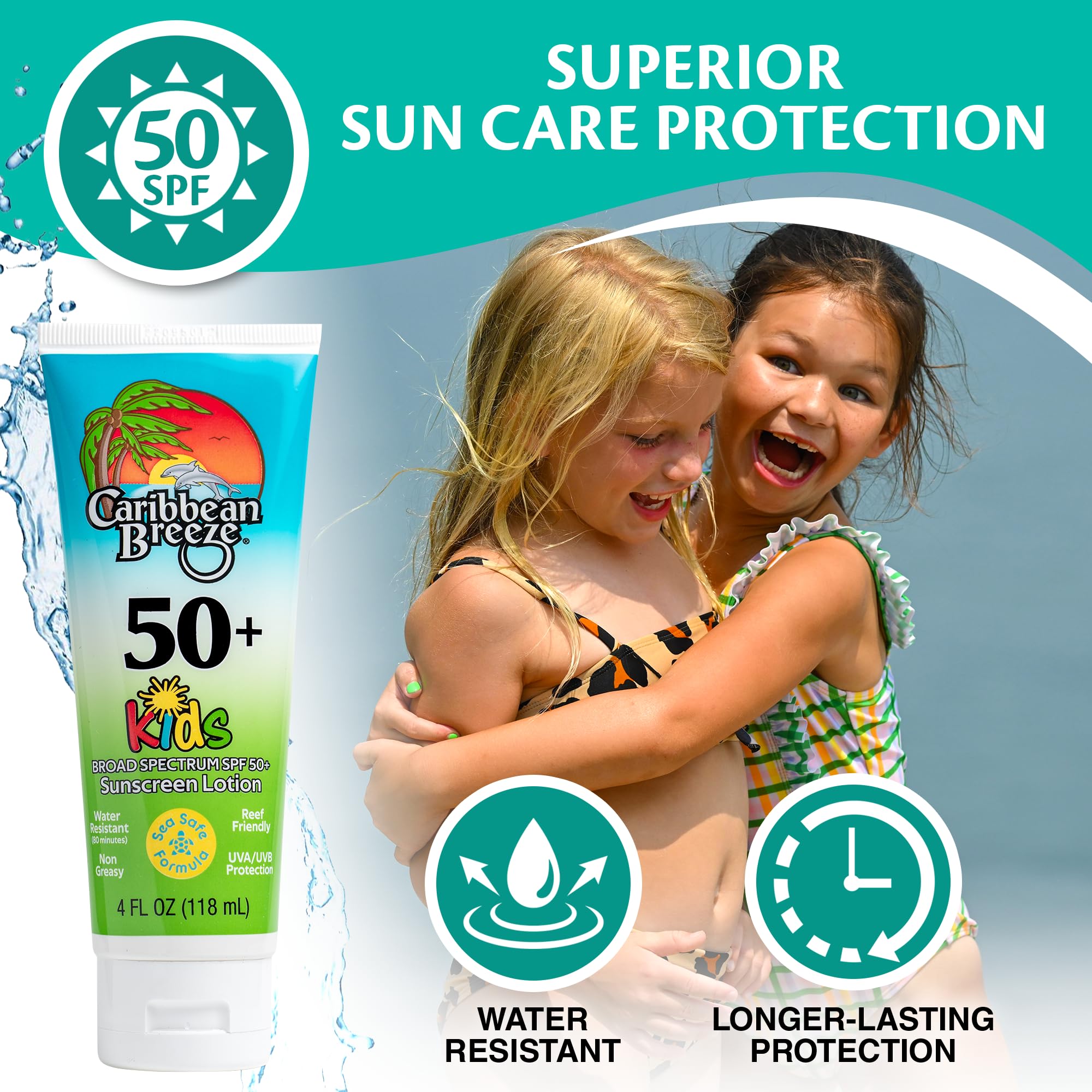 Caribbean Breeze Reef-Friendly Kids Sunscreen SPF 50 + Mango Lime Scent Body Lotion 4 oz (2 Pack)
