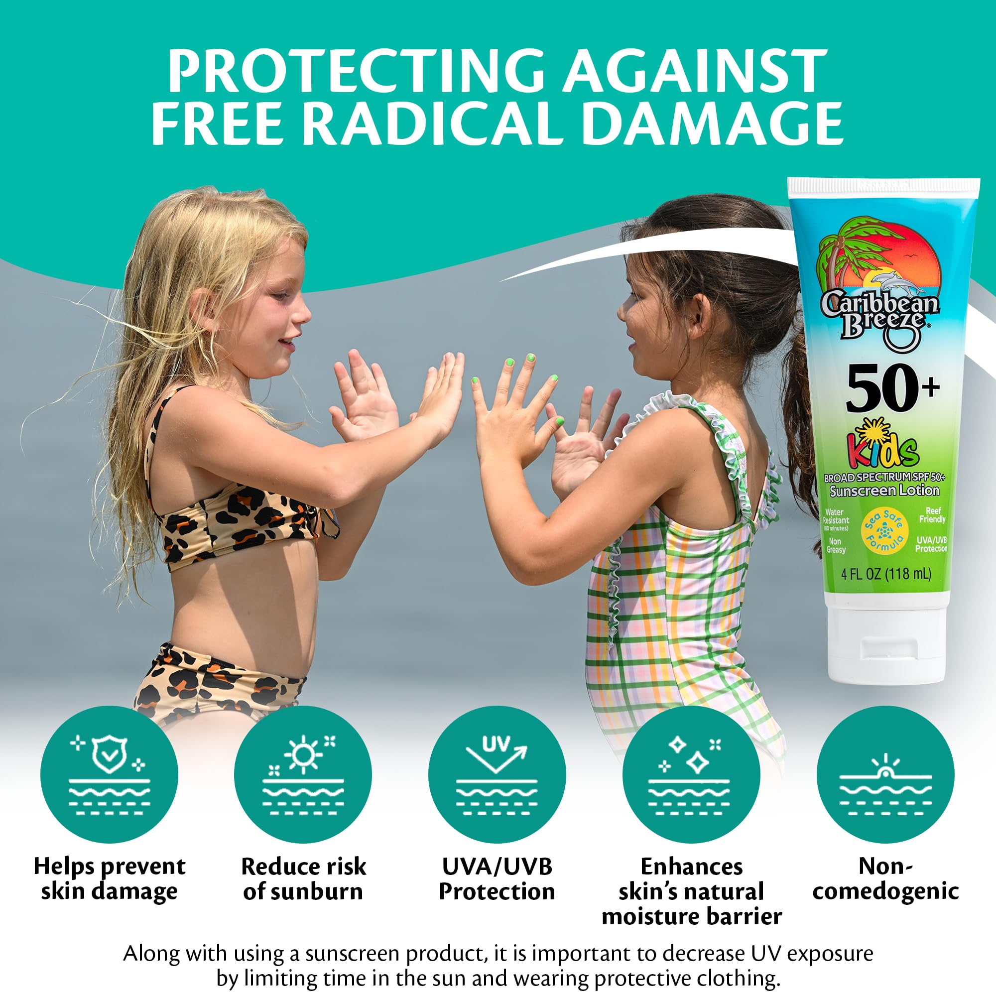 Caribbean Breeze Reef-Friendly Kids Sunscreen SPF 50 + Mango Lime Scent Body Lotion 4 oz (2 Pack)
