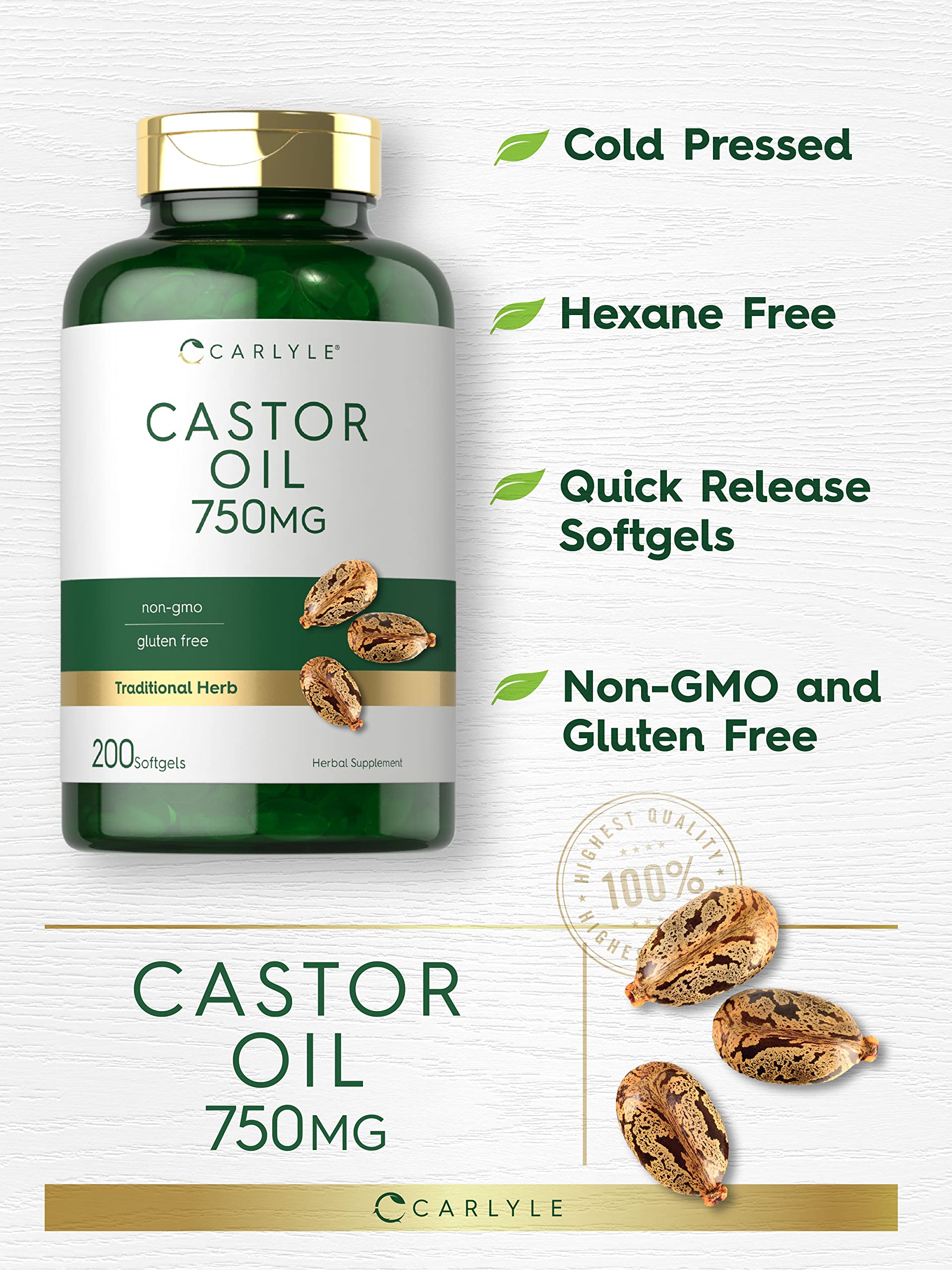 Carlyle Castor Oil 750mg | 200 Softgels | Gluten Free & Non-GMO | Traditional Herb
