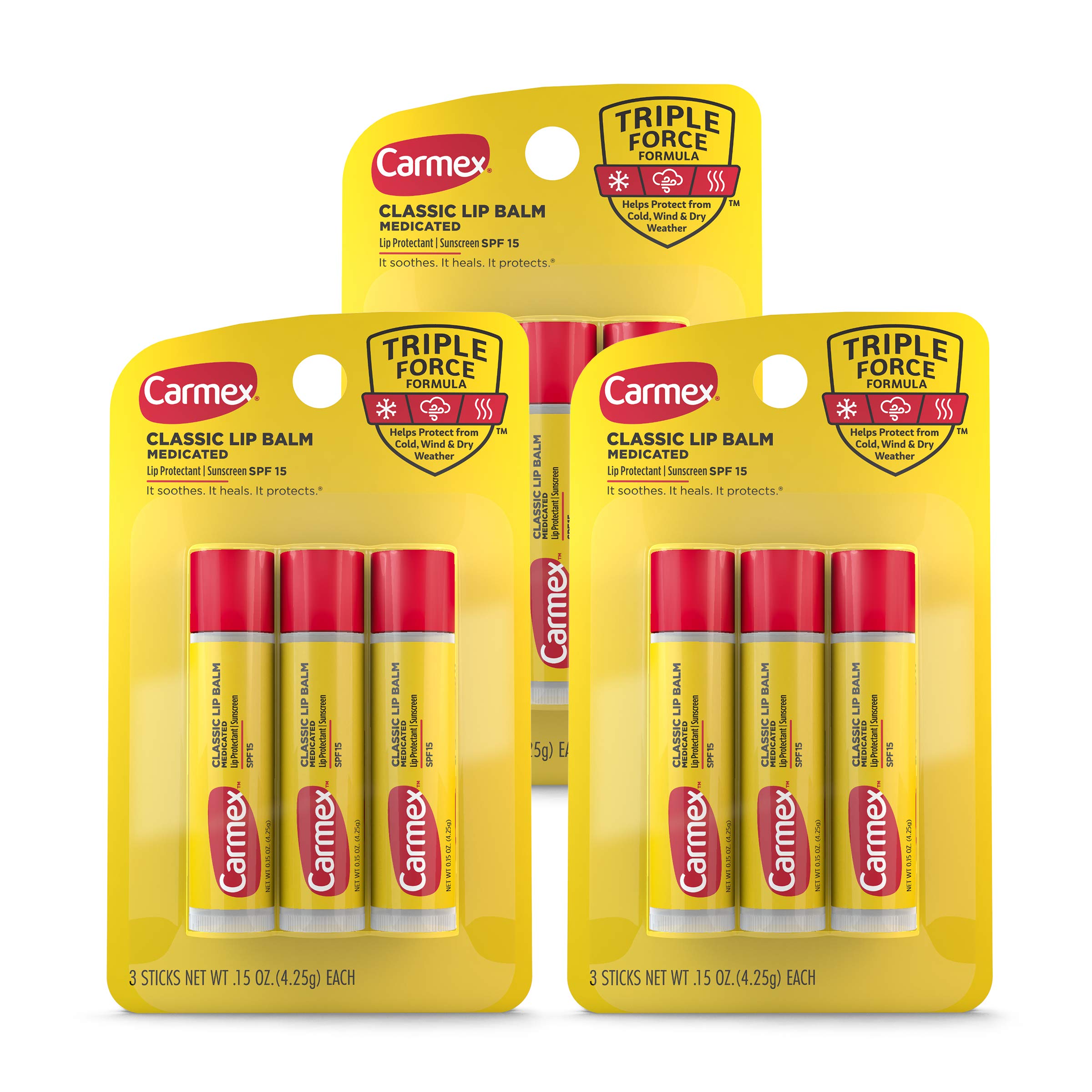 Carmex Classic Medicated Lip Balm Sticks – SPF 15, 9 Sticks (3 Packs of 3) | Lip Moisturizer