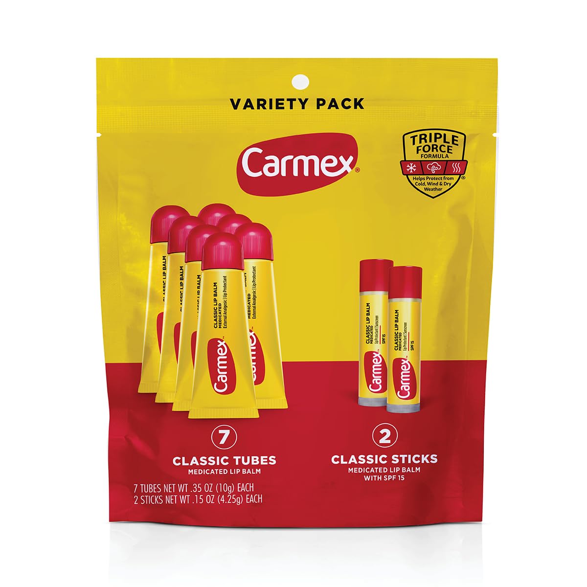Carmex Classic Medicated Lip Balm Pack – 9-Count Variety (7 Tubes, 2 Sticks) | SPF 15