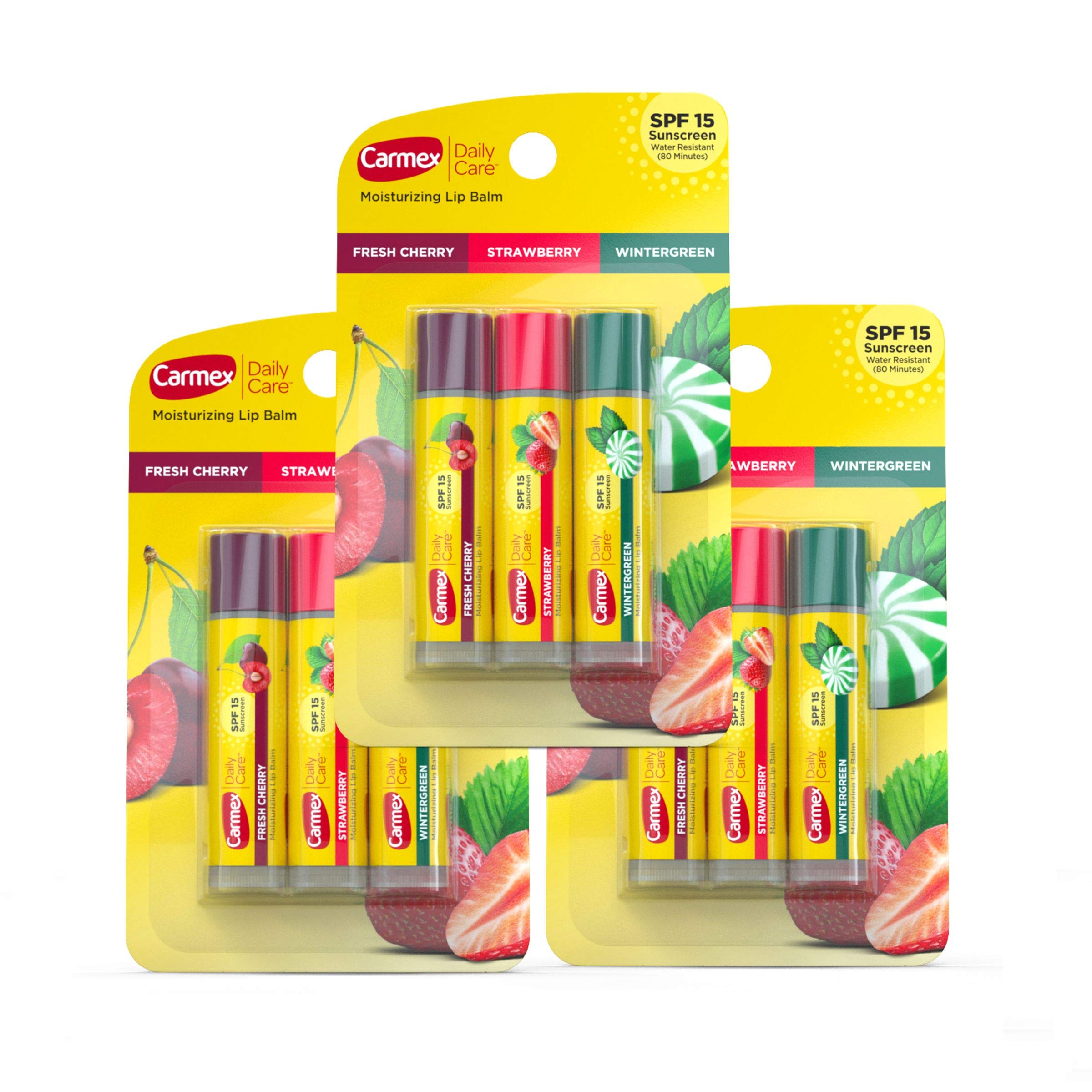 Carmex Daily Care Lip Balm Sticks SPF 15 – 9-Count Multi-Flavor Pack (3 x 3)