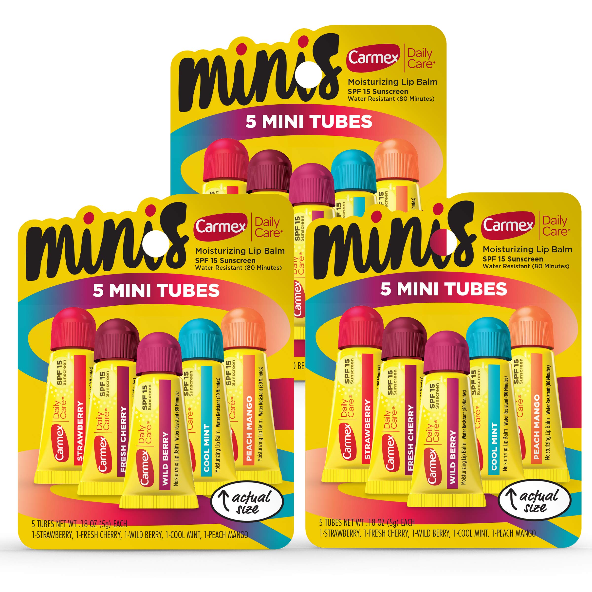 Carmex Daily Care Minis Lip Balm Tubes SPF 15 – Multi-Flavor Pack, 15 Count (3 Packs of 5)