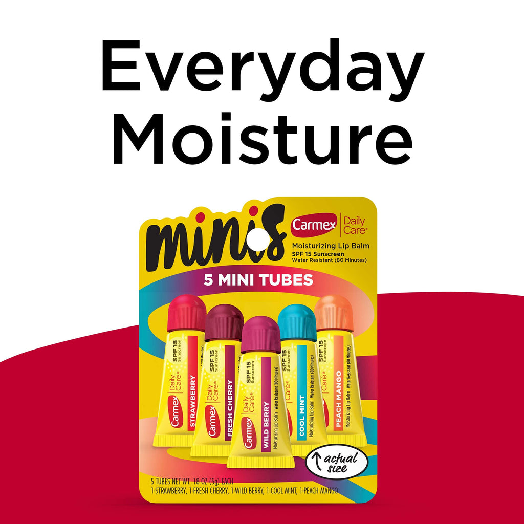 Carmex Daily Care Minis Lip Balm Tubes SPF 15 – Multi-Flavor Pack, 15 Count (3 Packs of 5)