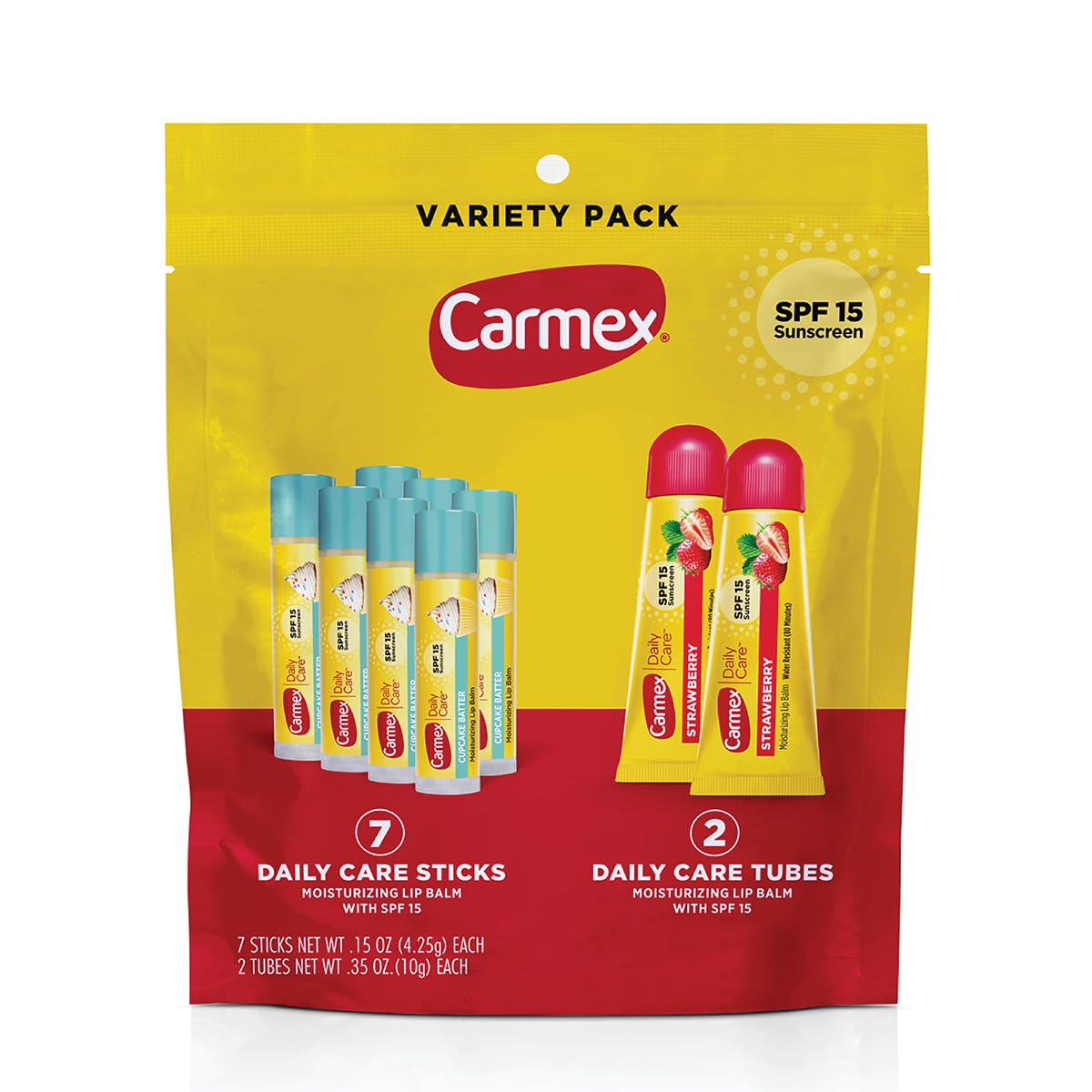 Carmex Daily Care Moisturizing Lip Balm Pack SPF 15 – Strawberry & Cupcake Batter (9 Count) | Cruelty-Free Lip Care