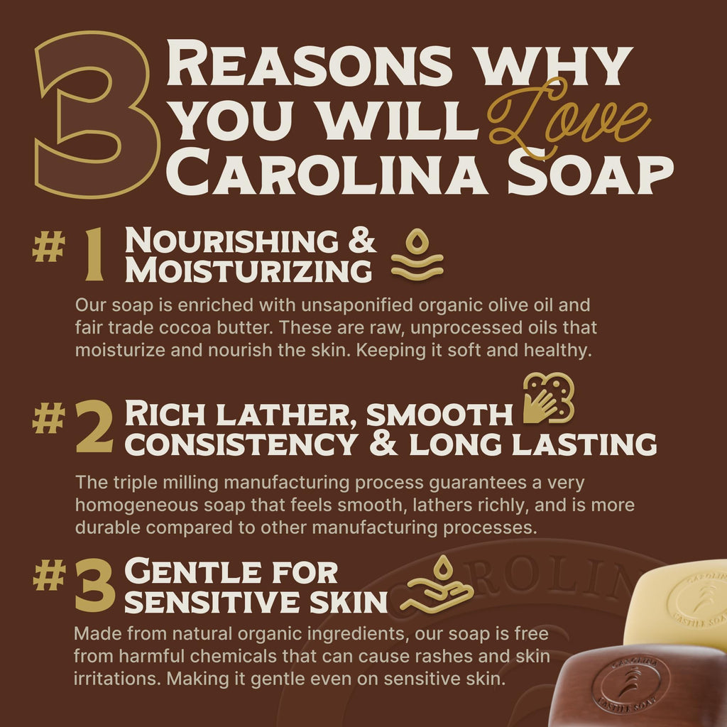 Carolina Castile Soap | Vegan Unscented Castile Bar – 3 Bars, Olive Oil & Cocoa Butter
