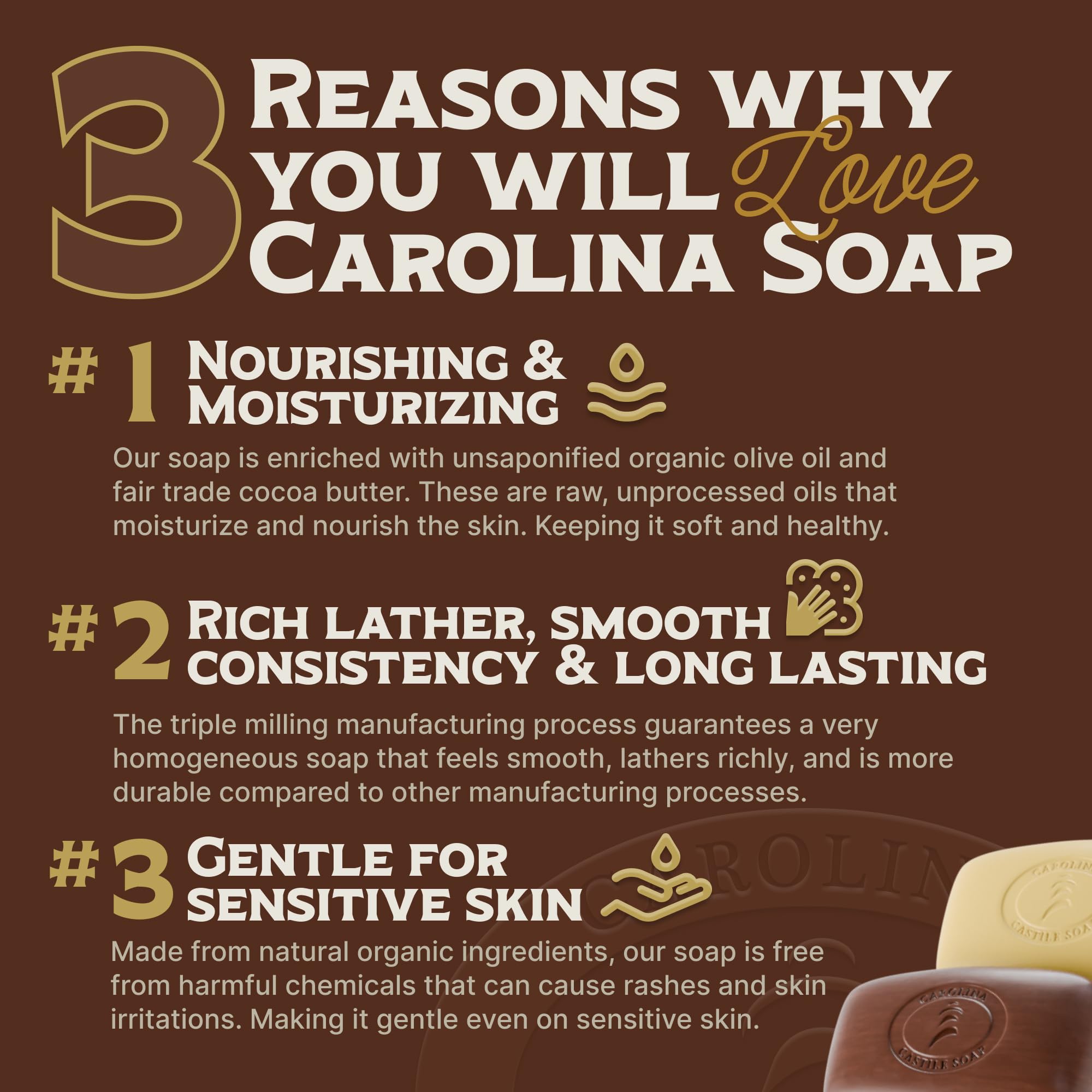 Carolina Castile Soap Bay Rum Bar Pack – Vegan Castile Soap with Olive Oil & Cocoa Butter (3 Bars)