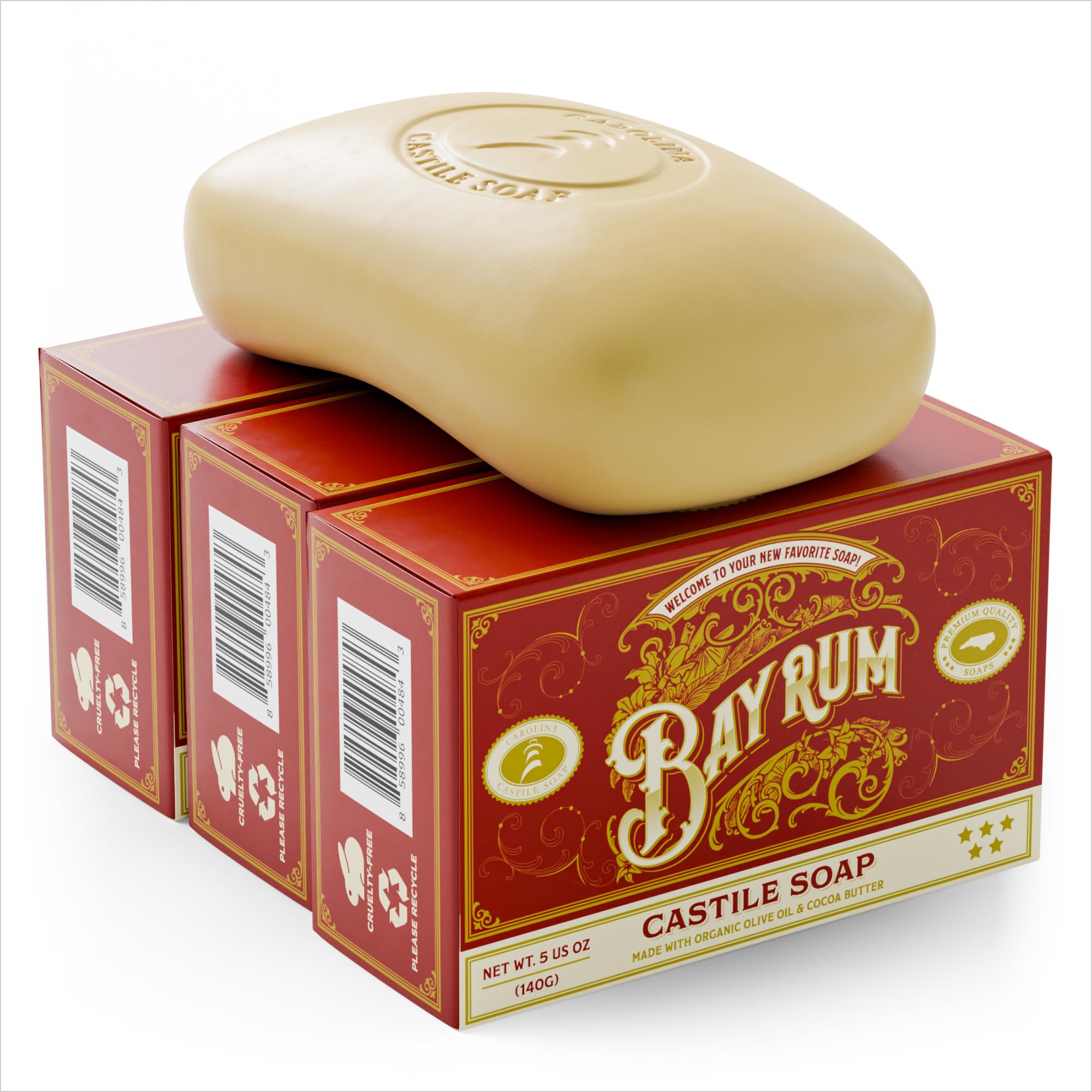 Carolina Castile Soap Bay Rum Bar Pack – Vegan Castile Soap with Olive Oil & Cocoa Butter (3 Bars)