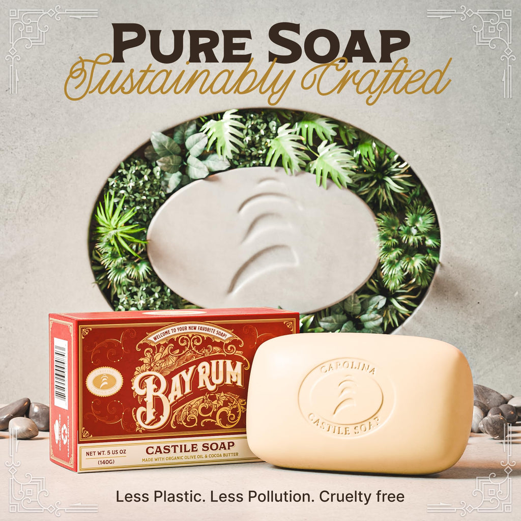 Carolina Castile Soap Bay Rum Bar Pack – Vegan Castile Soap with Olive Oil & Cocoa Butter (3 Bars)