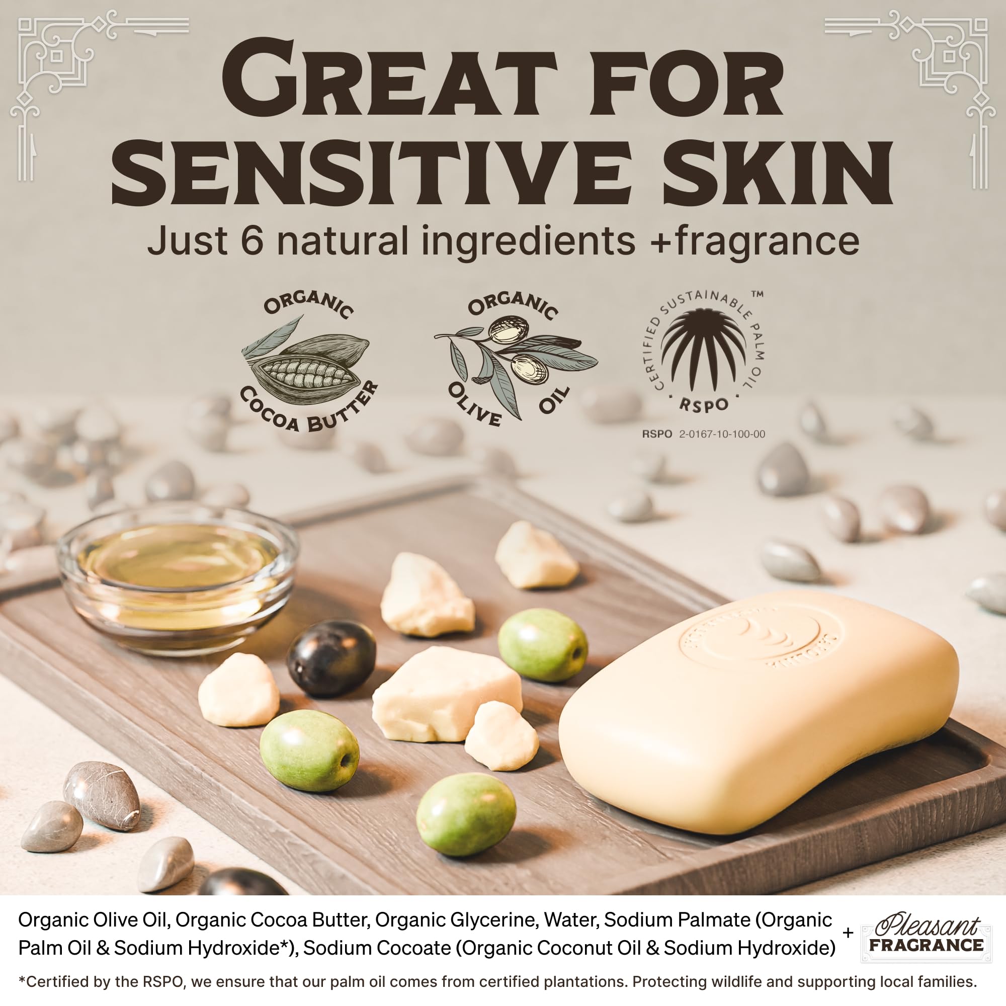 Carolina Castile Soap | Vegan Unscented Castile Bar – 3 Bars, Olive Oil & Cocoa Butter