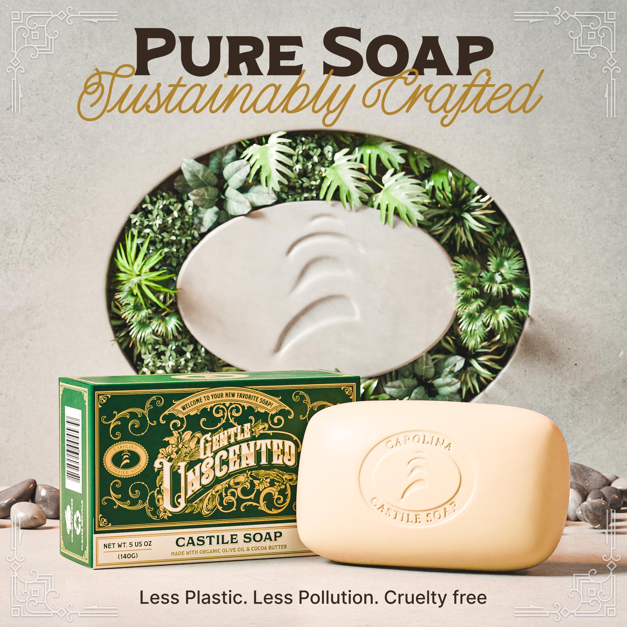 Carolina Castile Soap | Vegan Unscented Castile Bar – 3 Bars, Olive Oil & Cocoa Butter