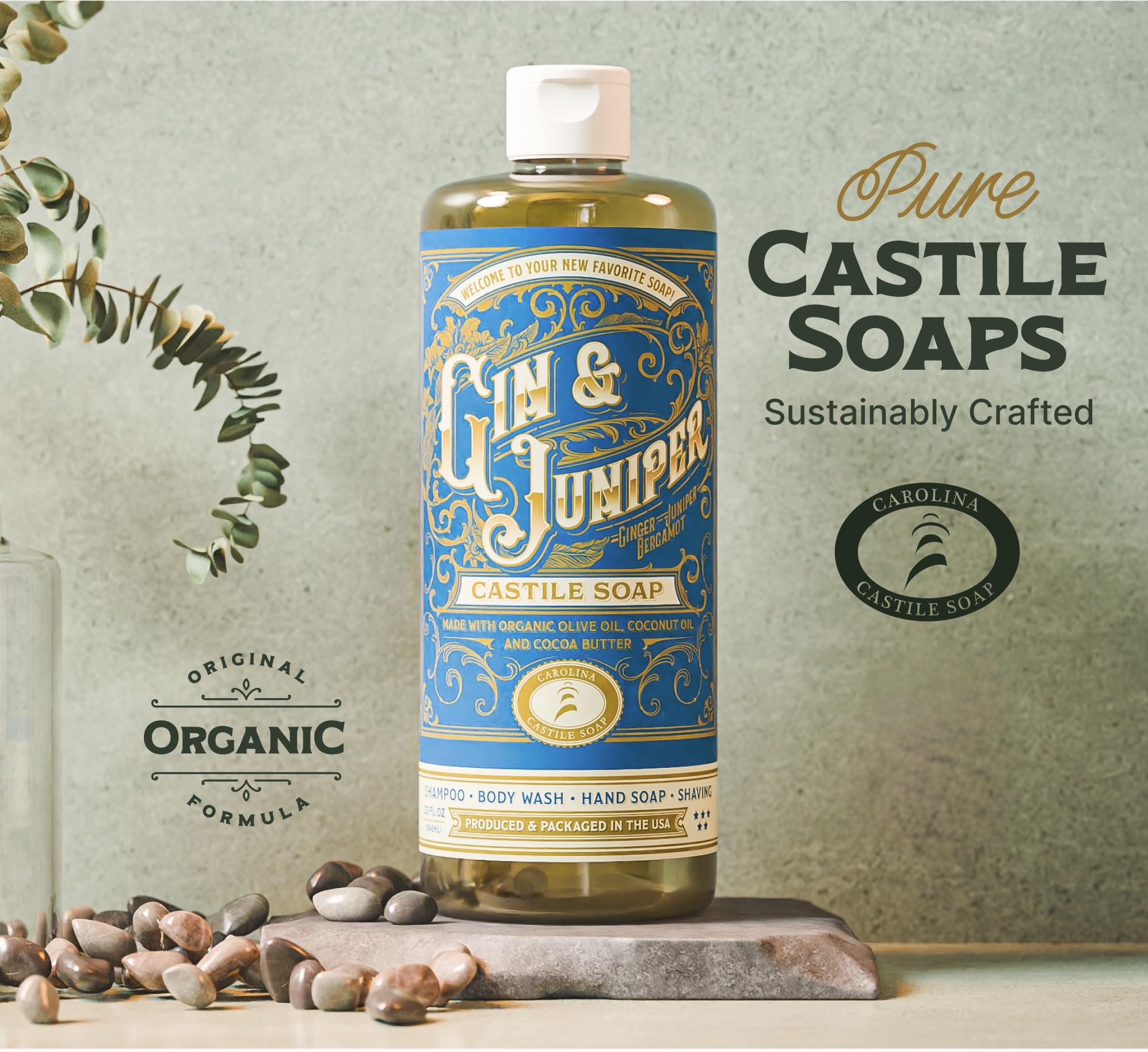 Carolina Castile Soap Gin & Juniper – Organic Olive Oil Castile Body Wash, Concentrated (1 Gal)