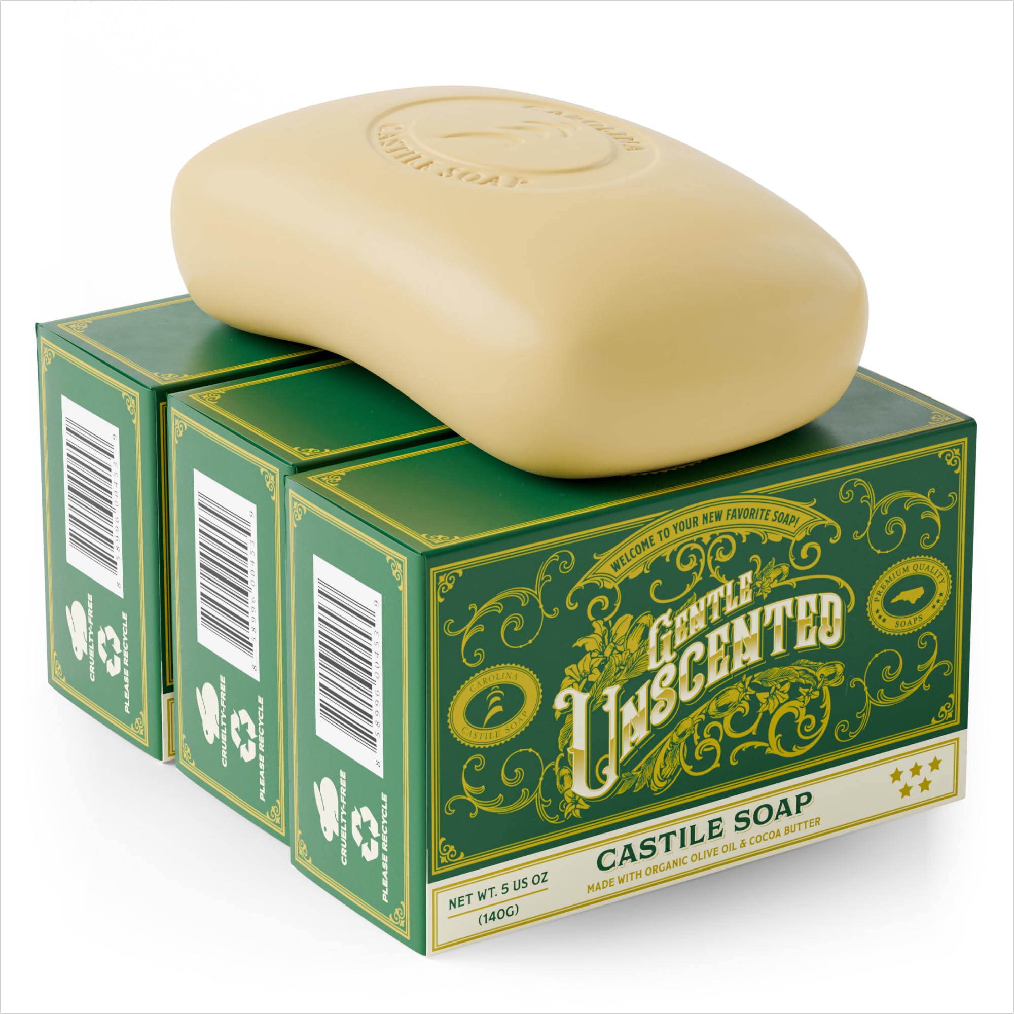Carolina Castile Soap | Vegan Unscented Castile Bar – 3 Bars, Olive Oil & Cocoa Butter