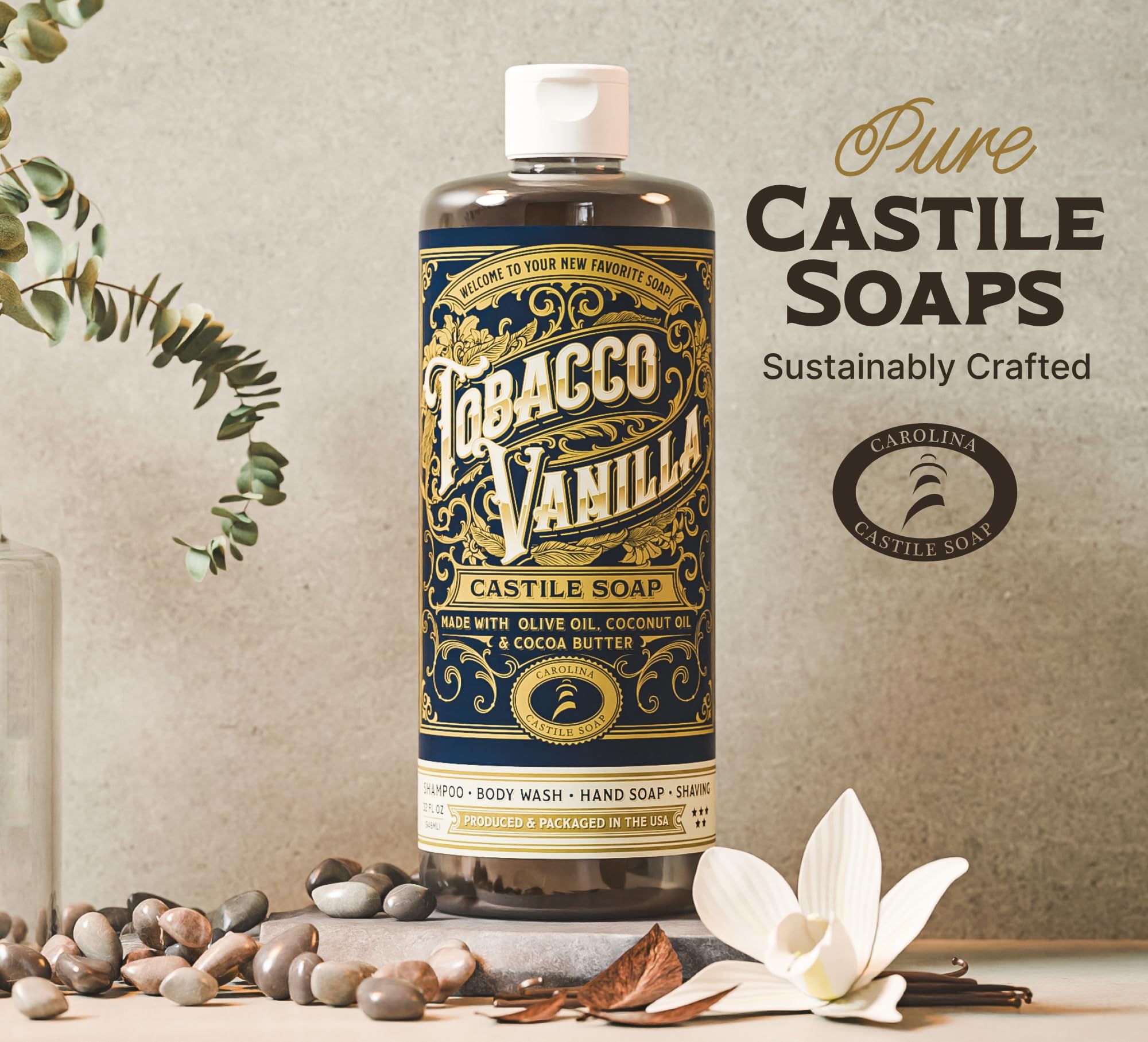 Carolina Castile Soap – Tobacco Vanilla Castile Liquid Body Wash for Sensitive Skin (1 Gallon)