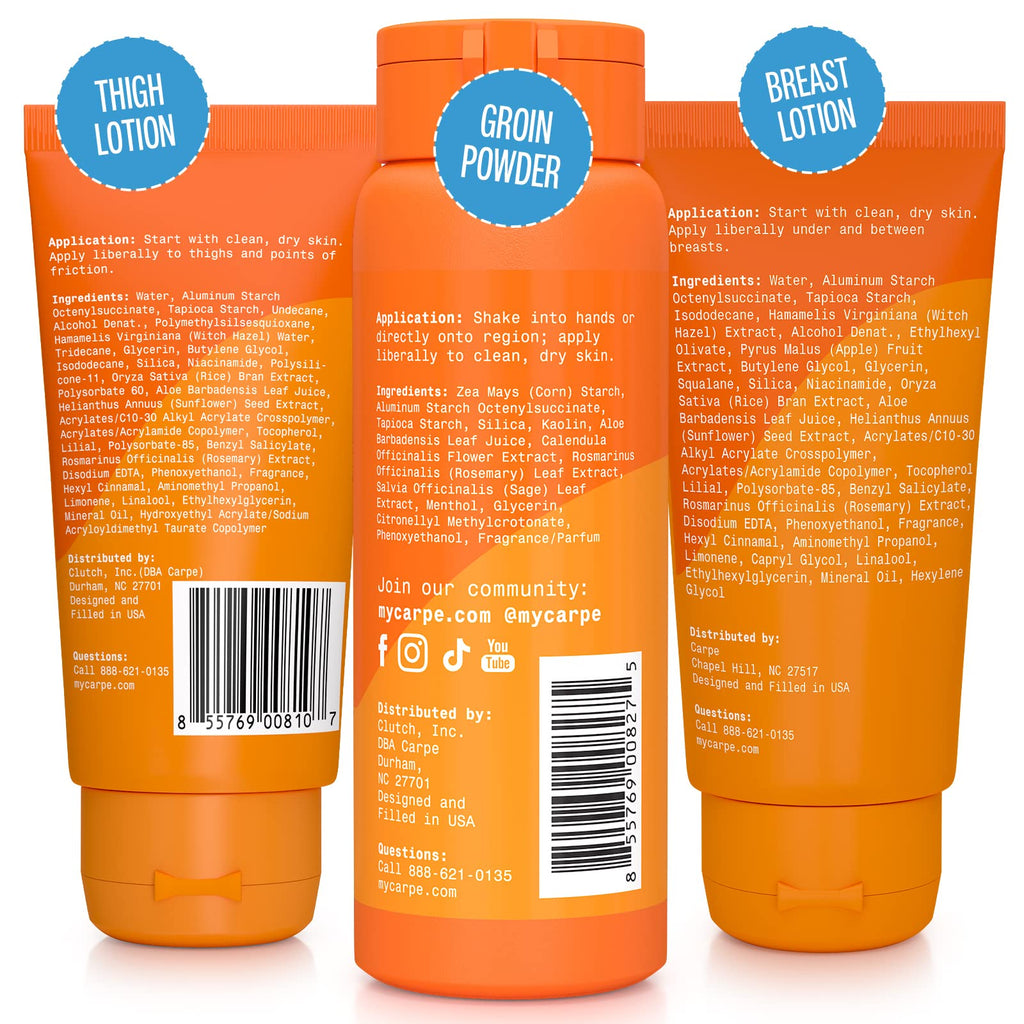 Carpe Women's Sweat Bundle: 3-in-1 Absorbent Lotion, Thigh Powder & Groin Powder
