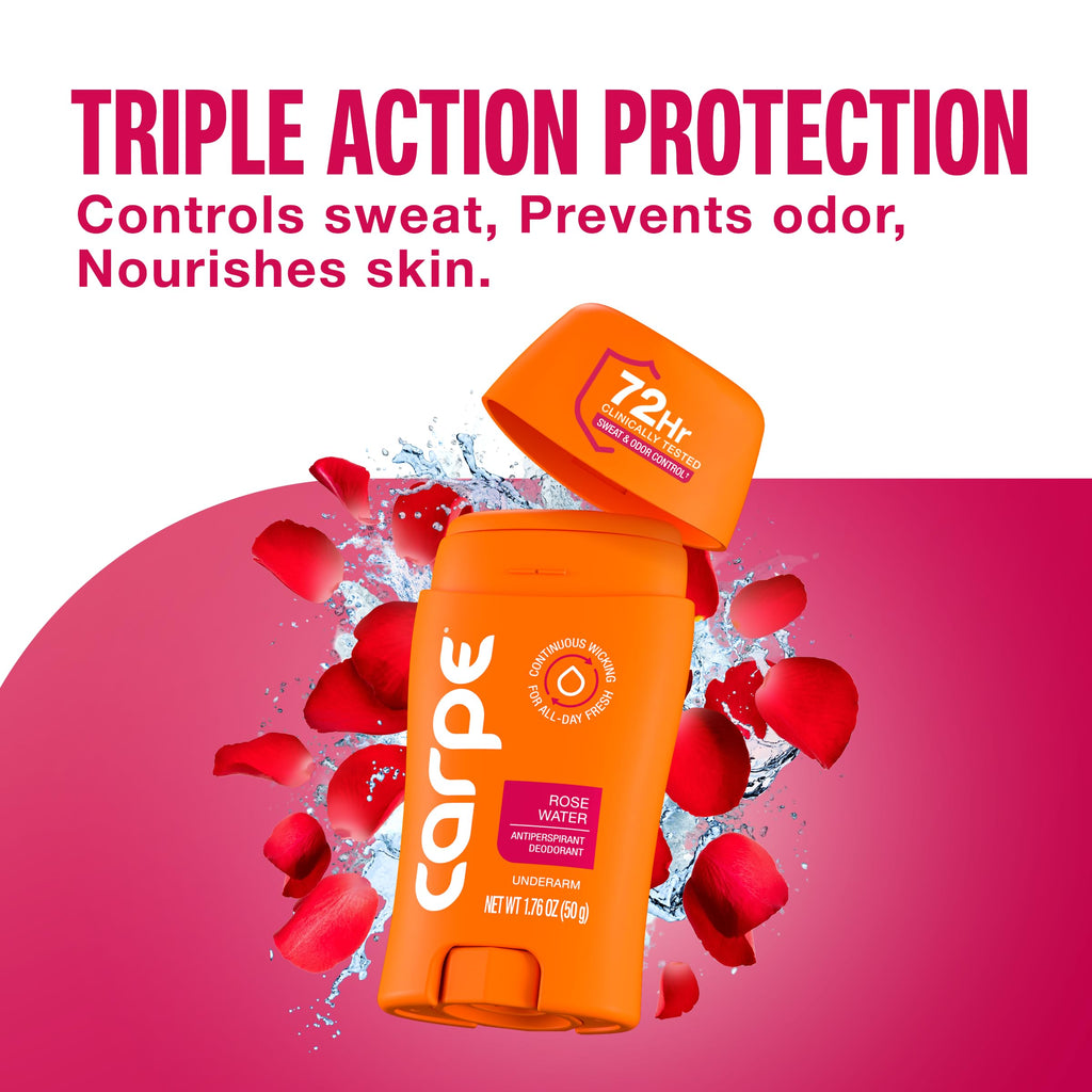 Carpe Rose Water Underarm Antiperspirant for Women – 72-Hour Sweat & Odor Protection (3 Pack)
