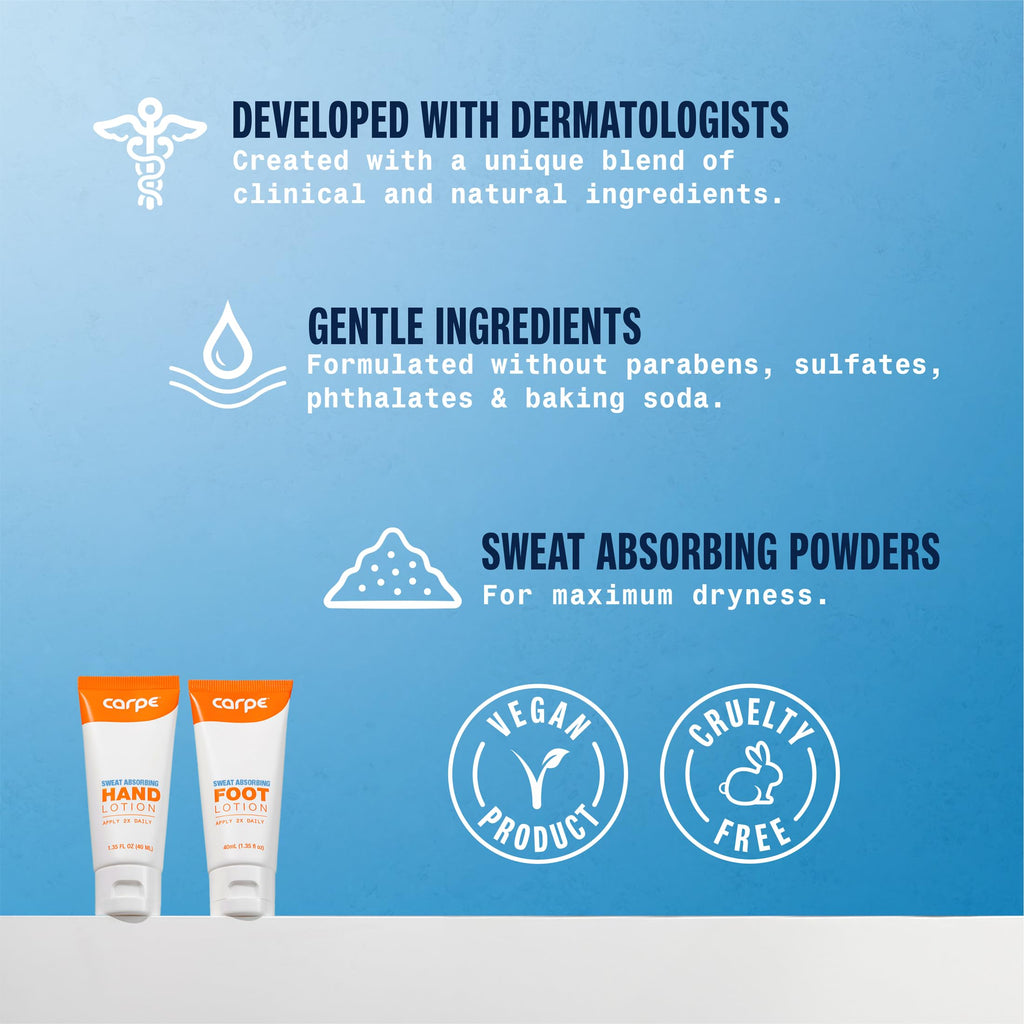 Carpe Sweat Absorbing Hand & Foot Lotion Bundle — 3 Hand Tubes & 3 Foot Tubes (Dermatologist-Recommended)