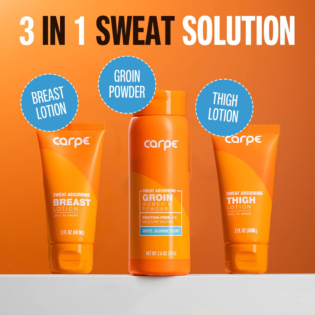 Carpe Women's Sweat Bundle: 3-in-1 Absorbent Lotion, Thigh Powder & Groin Powder