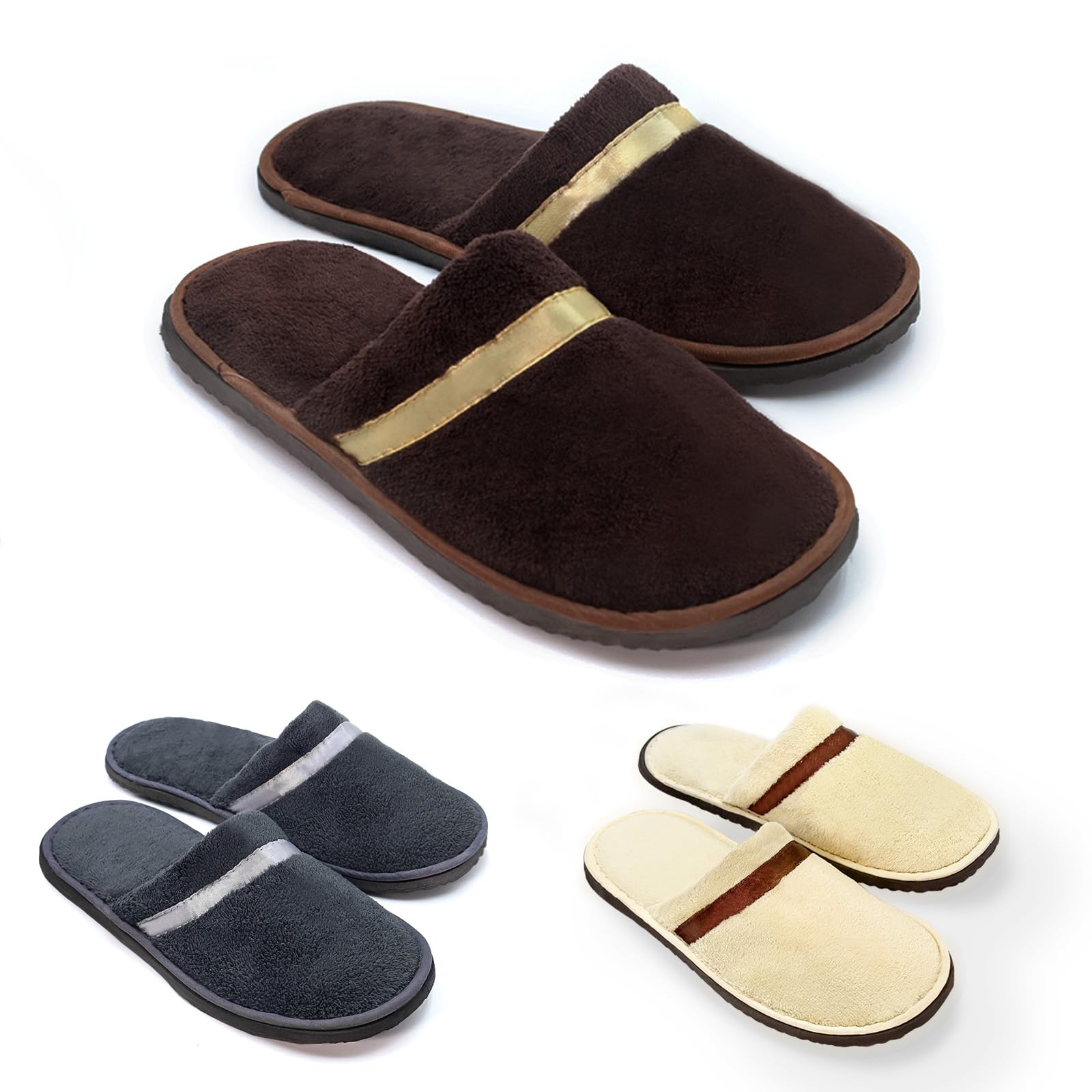 CarryEpic Disposable Slippers – 3 Pairs, Non-Slip Indoor Slippers for Guests (Beige, Brown, Dark Gray)