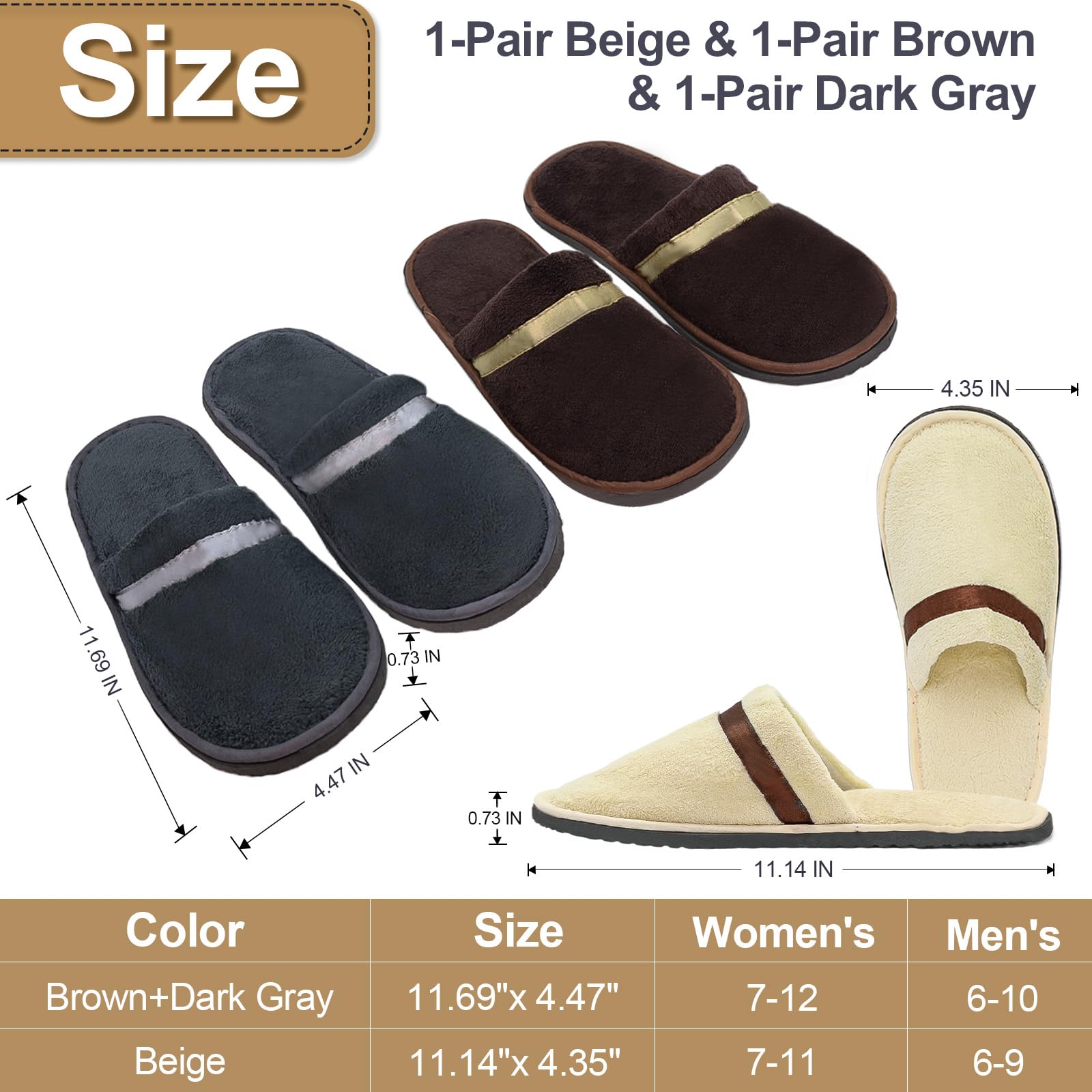 CarryEpic Disposable Slippers – 3 Pairs, Non-Slip Indoor Slippers for Guests (Beige, Brown, Dark Gray)