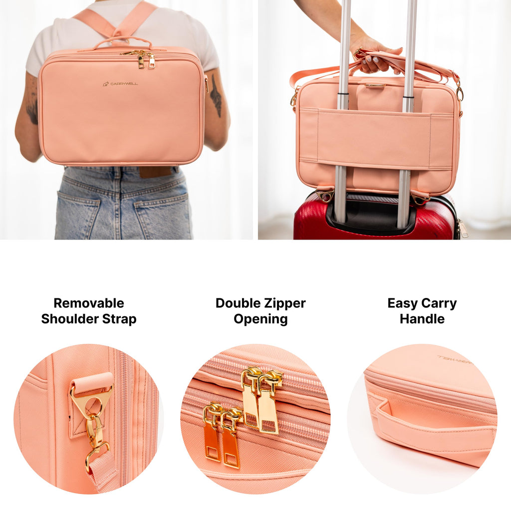 Carrywell Makeup Bag Travel Case – Not Made in China, Hard Train Case for Cosmetics, Adjustable Dividers, Medium Pink