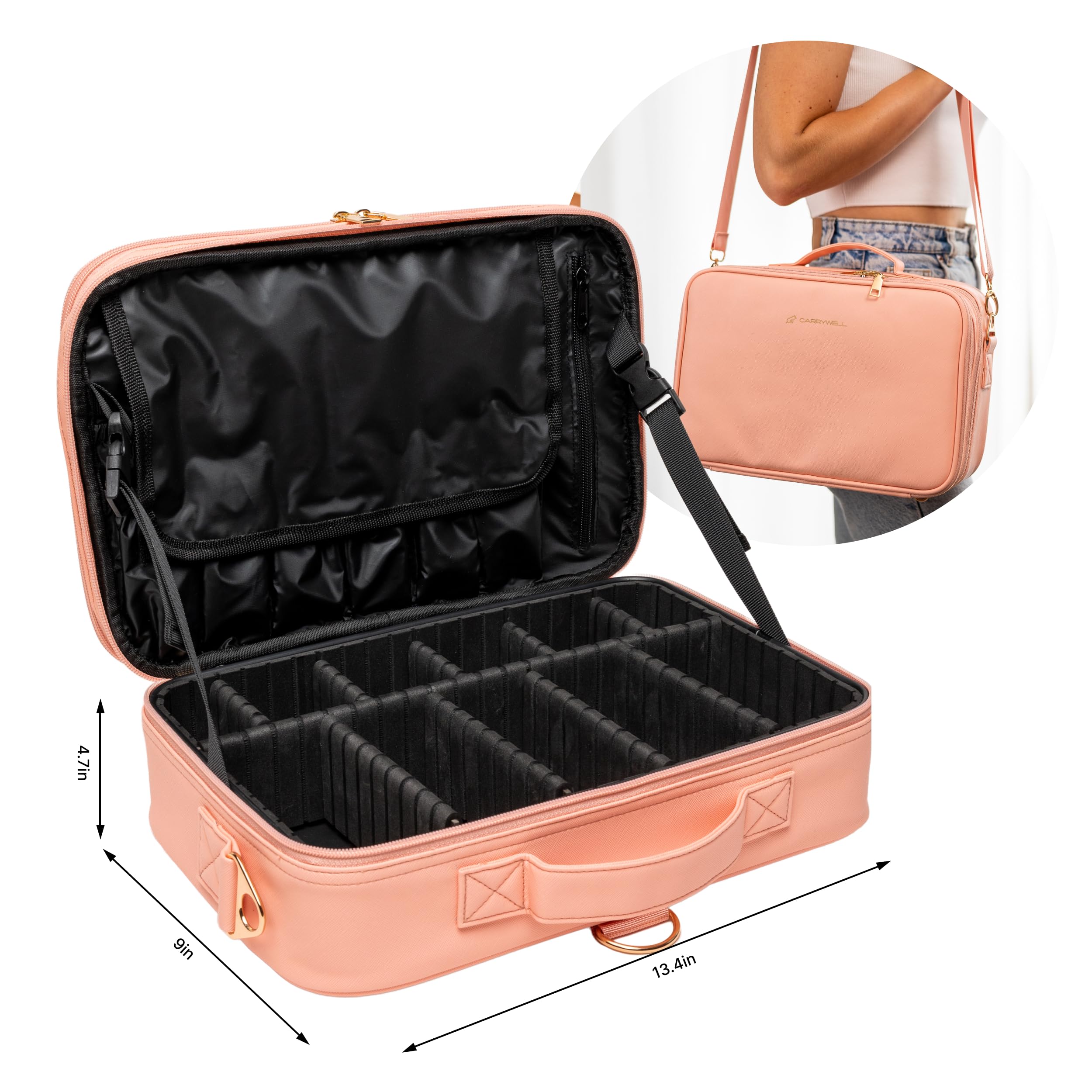 Carrywell Makeup Bag Travel Case – Not Made in China, Hard Train Case for Cosmetics, Adjustable Dividers, Medium Pink