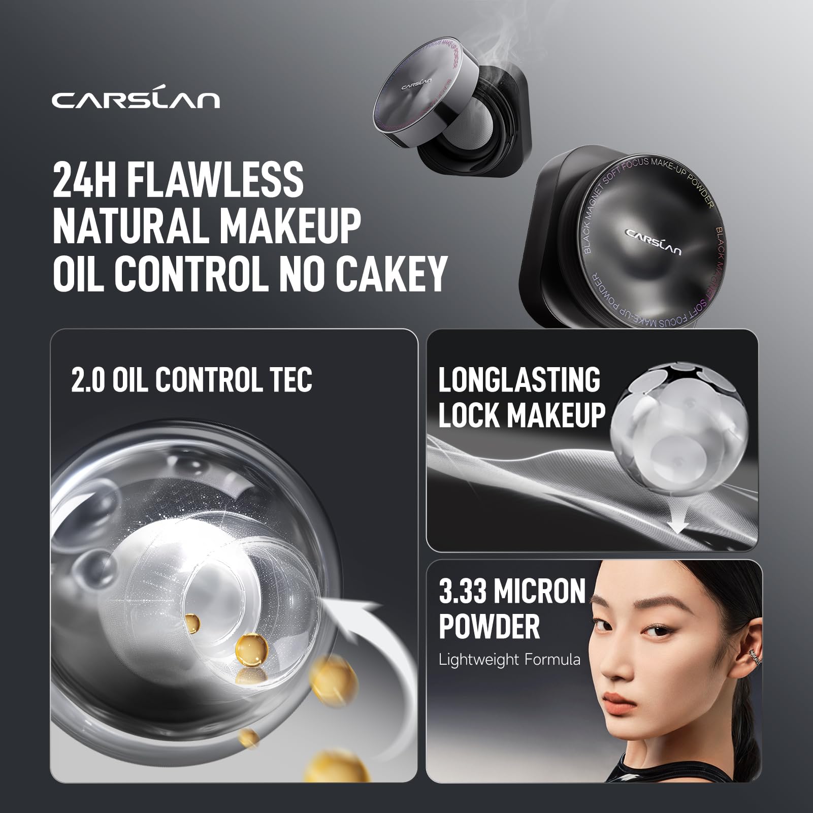 CARSLAN 2.0 Black Magnet Soft Focus Setting Powder | 24H Oil Control, Waterproof, Talc-Free