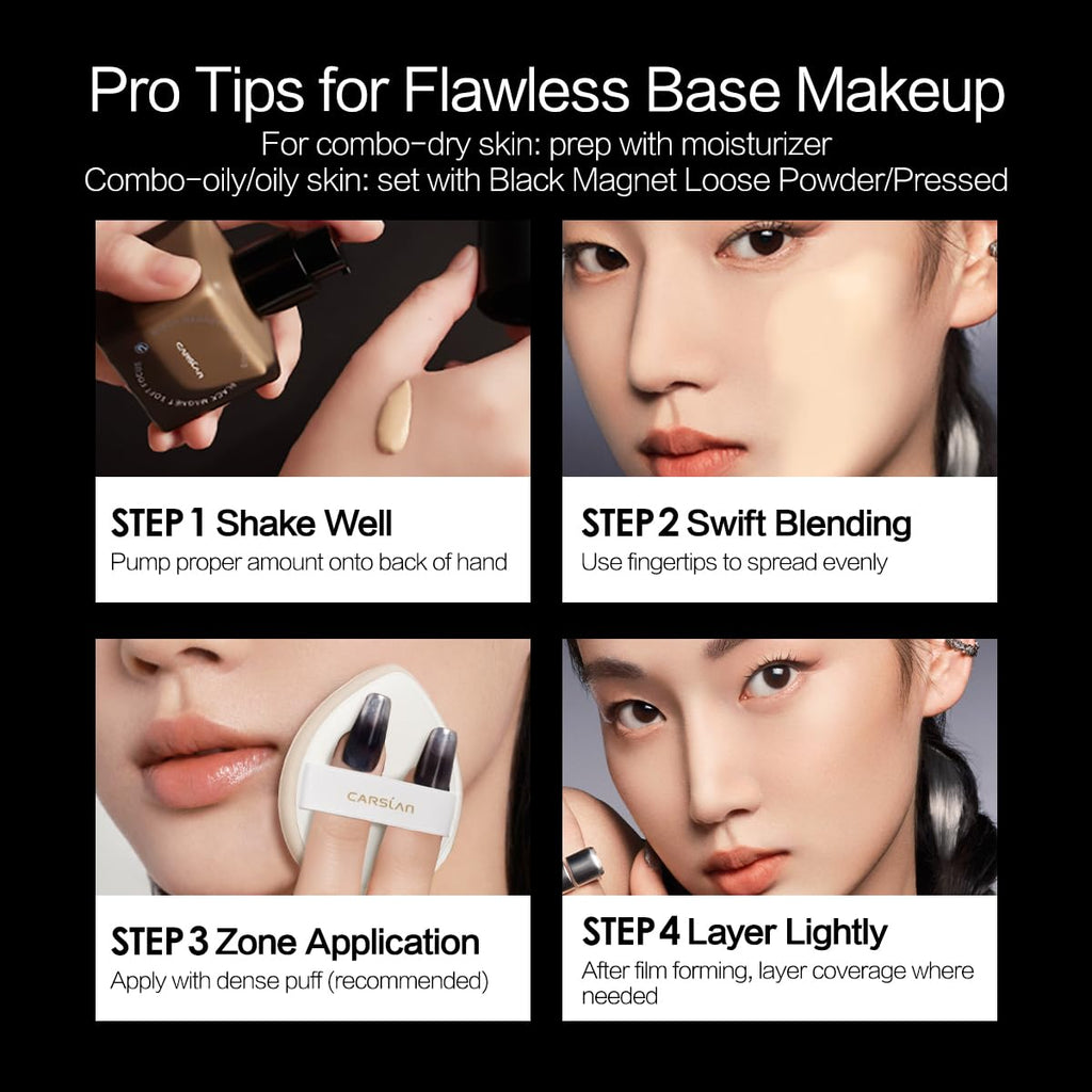CARSLAN Black Magnet Liquid Foundation – 24H Matte, Waterproof, Buildable Coverage (30ml) – P01 Fair