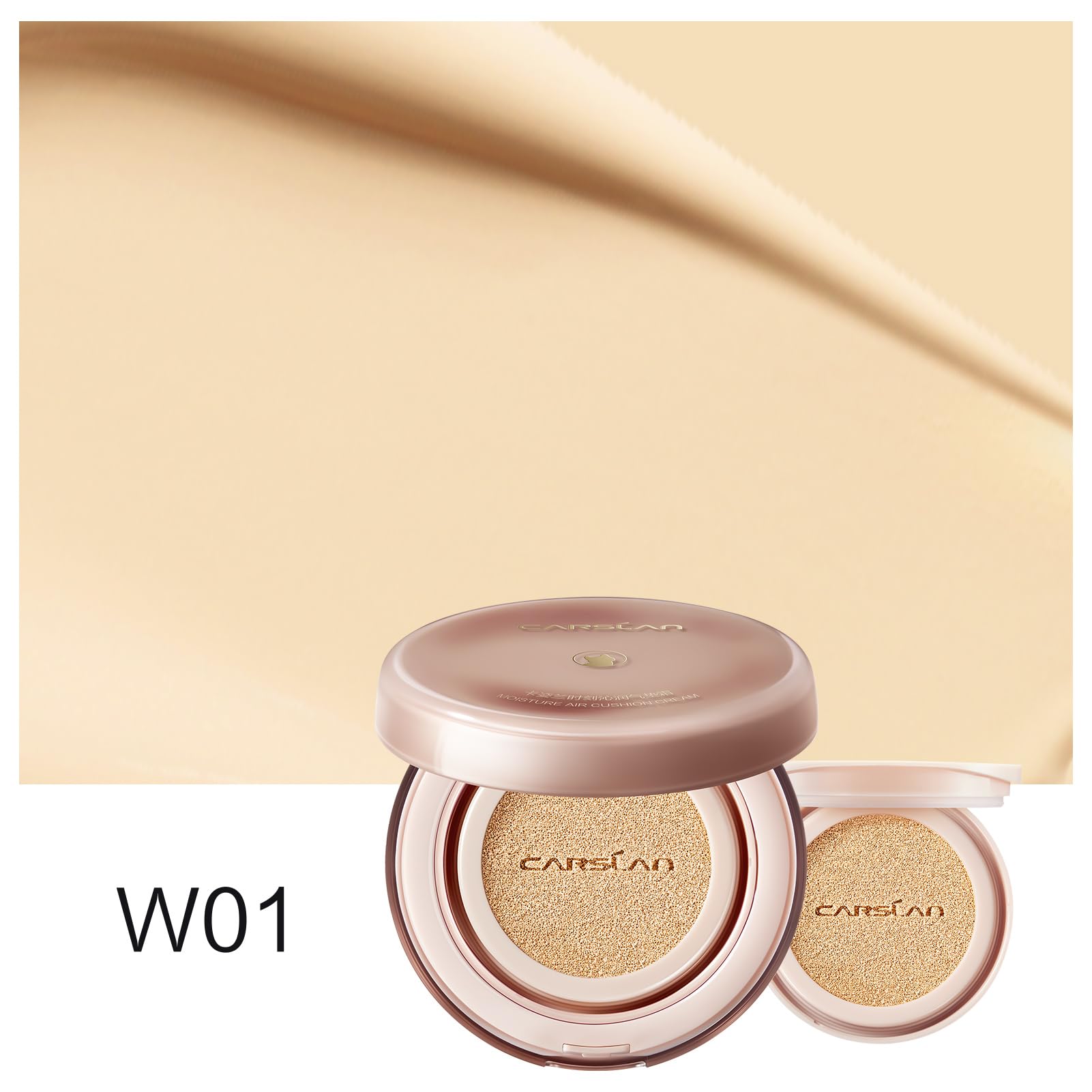 CARSLAN Moisture Air Cushion Cream Foundation – W01 Natural Warm, Hydrating, Dewy Full Coverage with Hyaluronic Acid
