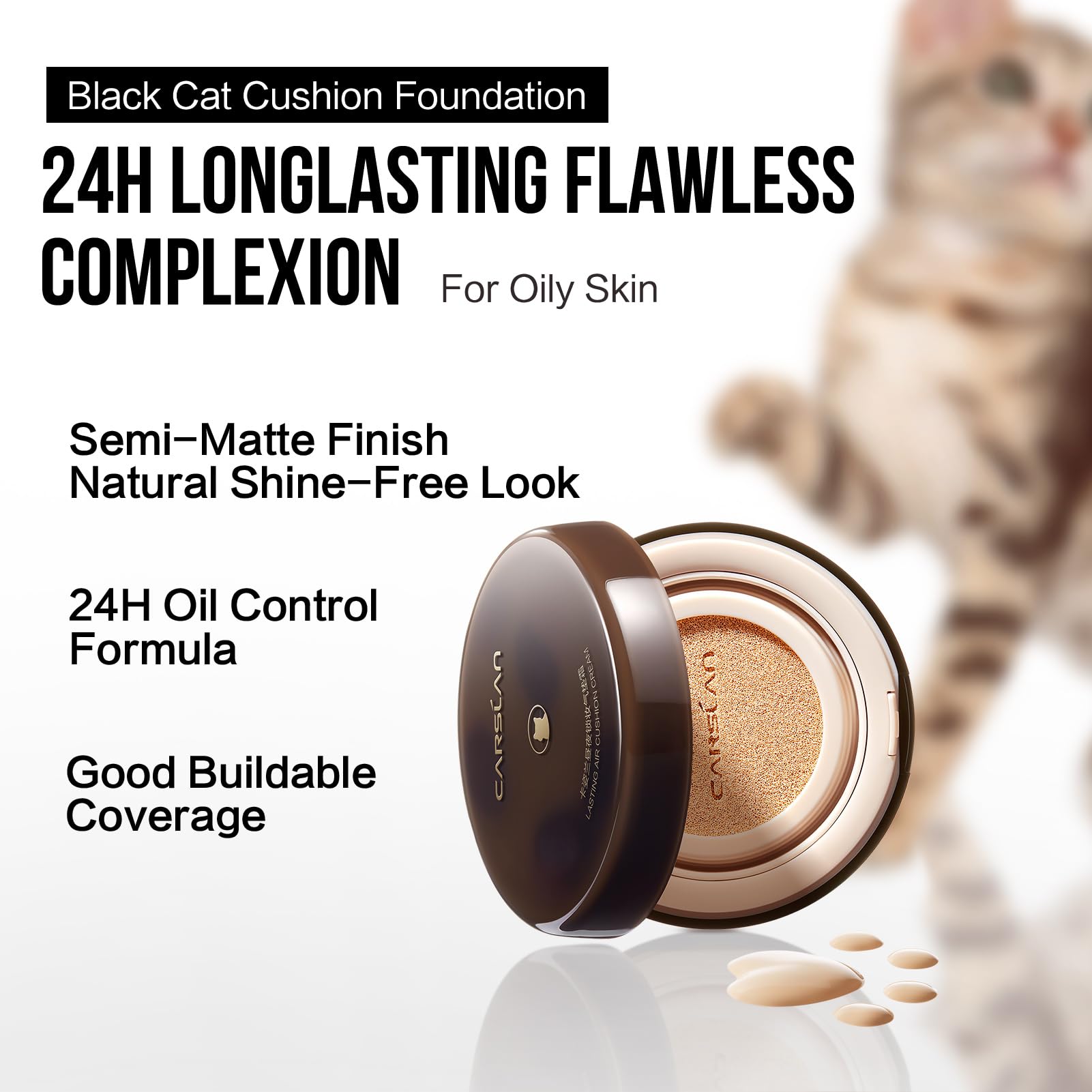 CARSLAN Lasting Air Cushion Foundation – Oil Control, Medium to Full Coverage, P01 Fair Pink (Refill Included)