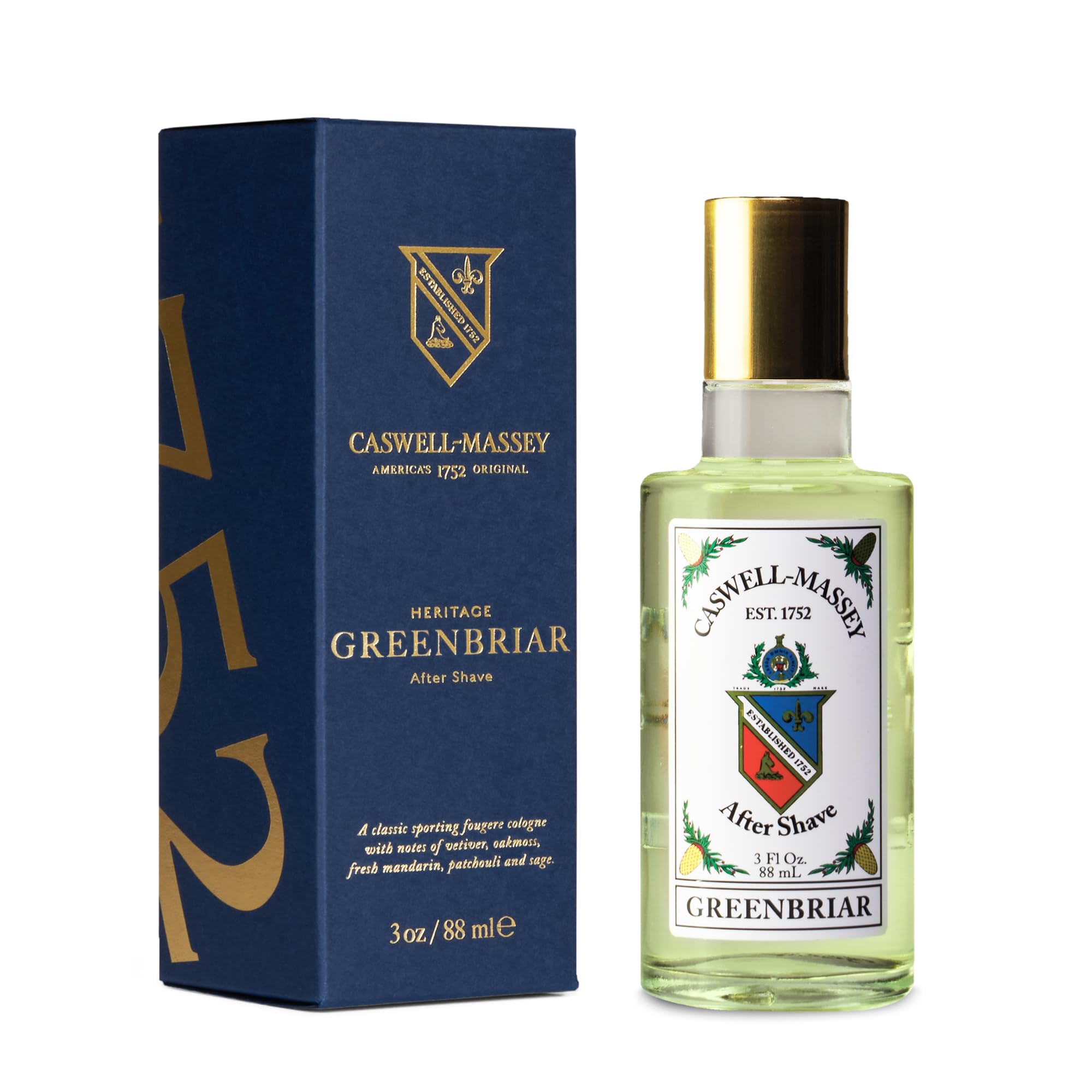 Caswell-Massey Greenbriar Gold Cap After Shave – Soothing Post-Shave Toner with Petitgrain, Mandarin & Sage (3 fl oz)