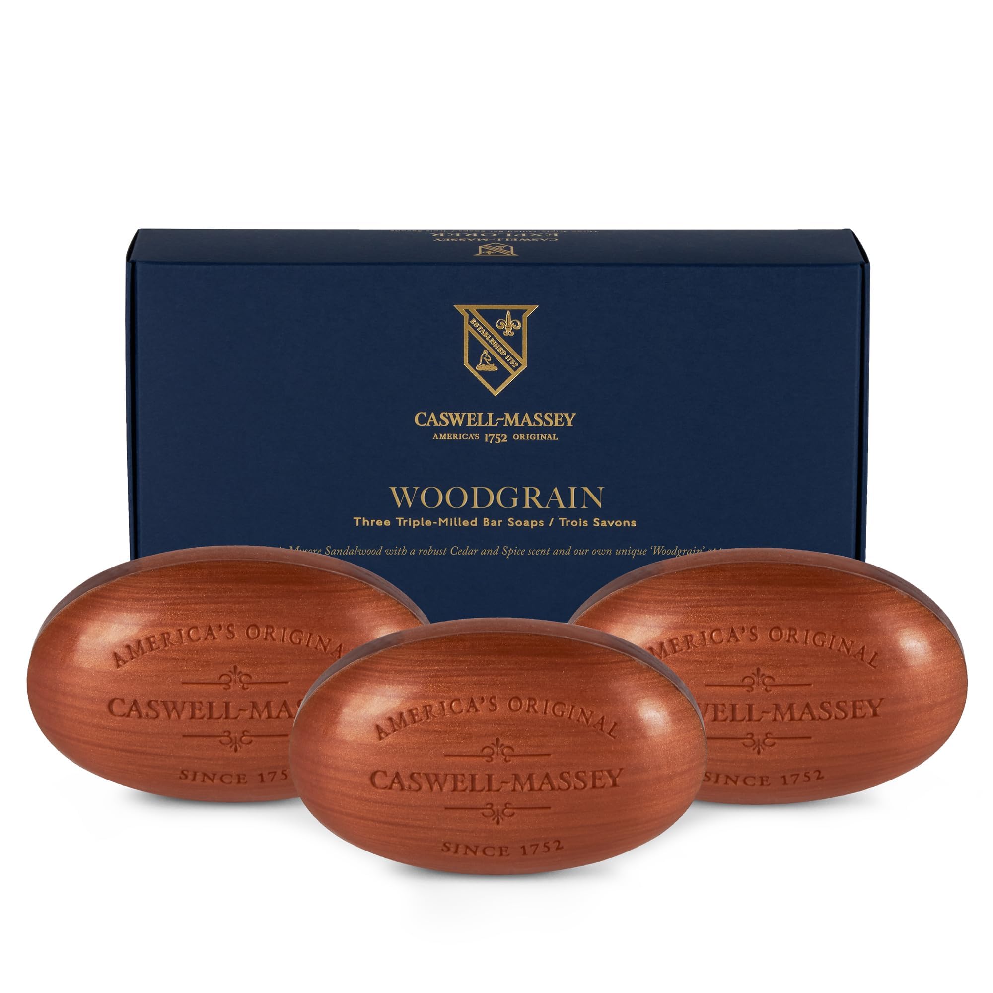 Caswell-Massey Triple-Milled Heritage Woodgrain Sandalwood Soap Set – 3 Bars, Made in USA