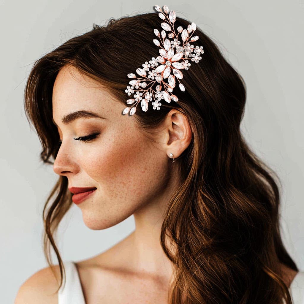 Catery Crystal Bridal Hair Comb – Rose Gold Rhinestones, Wedding Hair Accessory for Brides