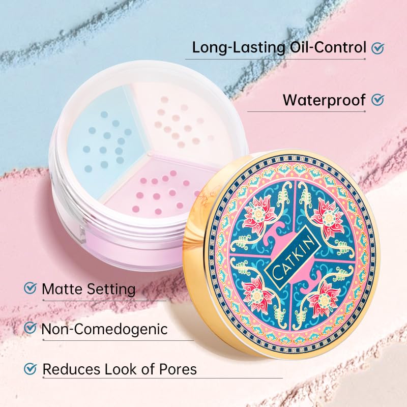 CATKIN Loose Setting Powder – Translucent Matte Finishing Powder, 3-Color Tone Balancing, Oil Control, Velour Puff (0.42oz, C04 Matte for Dry Skin)