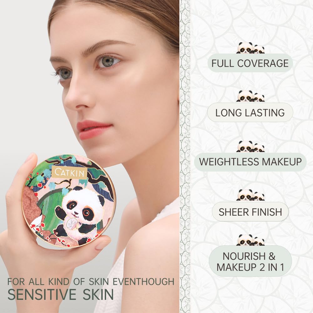 CATKIN Panda Land Full Coverage Cushion Foundation | Hydrating Poreless Finish for Sensitive Skin (W11 Light)