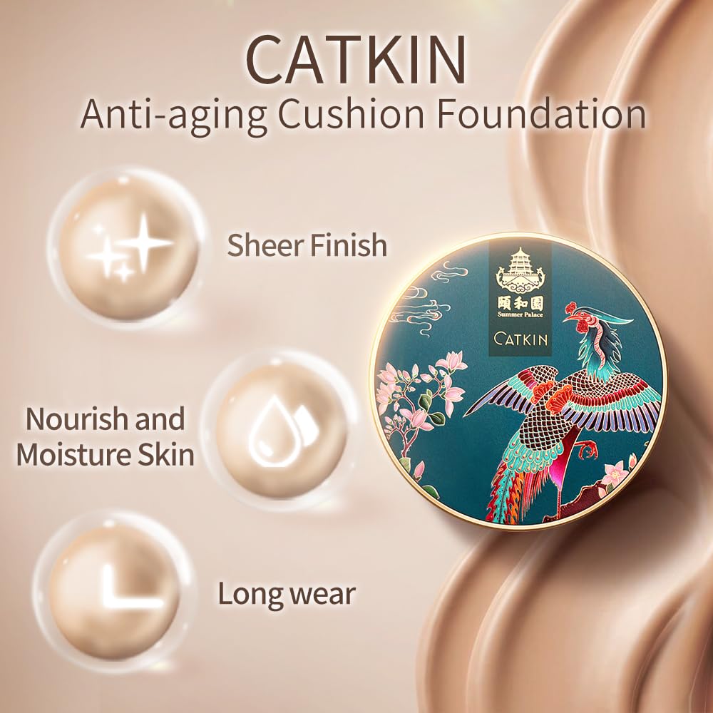 Catkin Phoenix Cushion Foundation – Buildable Coverage, Anti-Aging Serum, Sheer Satin Finish | Light Beige 0.46 Oz × 2 (C03 Vanilla)