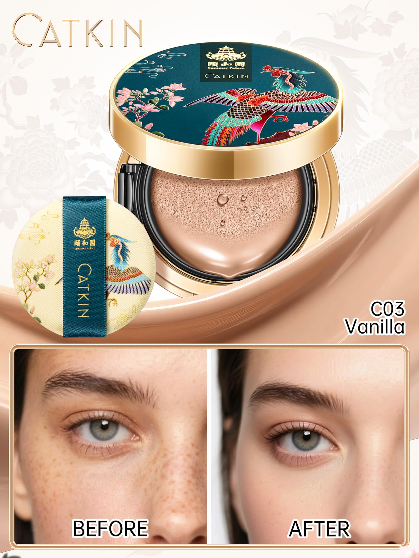 Catkin Phoenix Cushion Foundation – Buildable Coverage, Anti-Aging Serum, Sheer Satin Finish | Light Beige 0.46 Oz × 2 (C03 Vanilla)