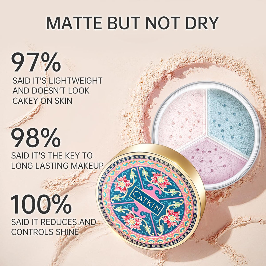 CATKIN Loose Setting Powder – Translucent Matte Finishing Powder, 3-Color Tone Balancing, Oil Control, Velour Puff (0.42oz, C04 Matte for Dry Skin)