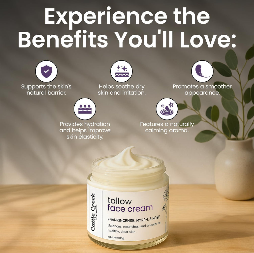 Cattle Creek Mercantile Whipped Tallow Face Moisturizer | Grass-Fed Tallow + Sweet Almond, Myrrh & Frankincense (4 oz)